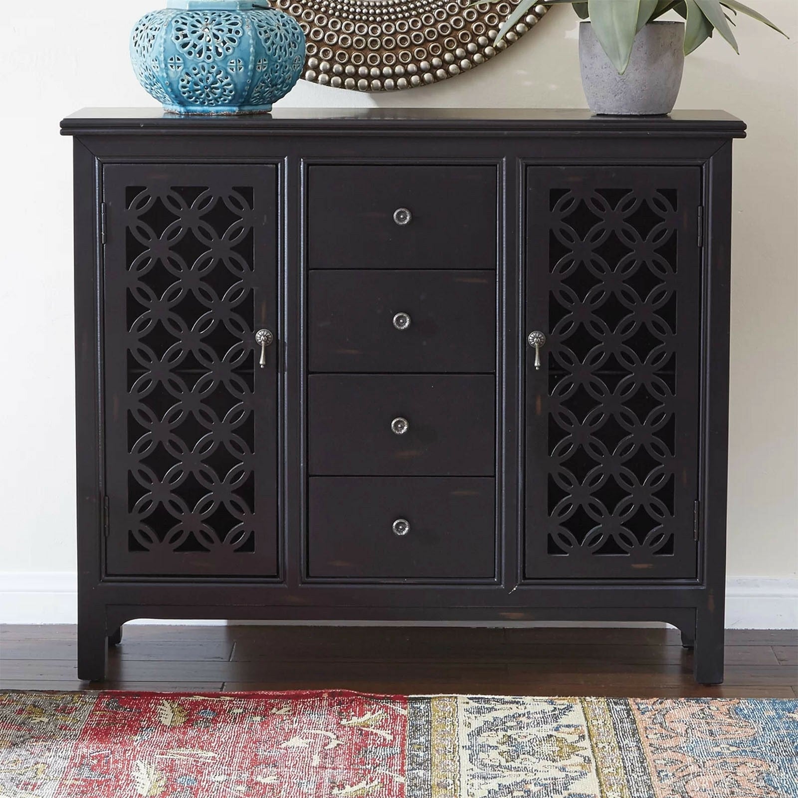Hand Carved JALI Door Solid Wood Sideboard - Black | Traditional Indian Wooden Cabinet for Living Room, Dining Room & Entryway Decor