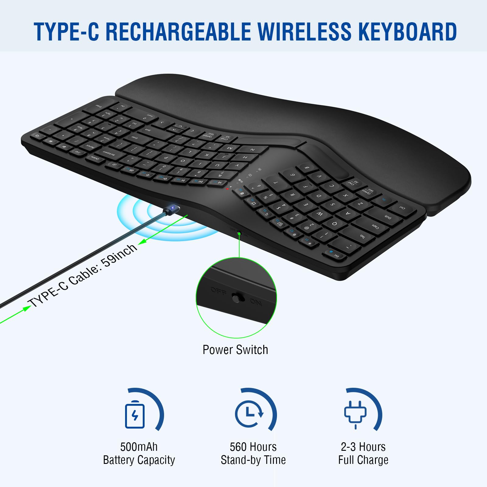 Ergonomic Wireless Keyboard - Rechargeable Bluetooth & 2.4G Split Keyboard with Cushioned Wrist Rest for Windows Mac Android iOS - Multi-Device Comfort Typing for Office, Gaming & Home Use