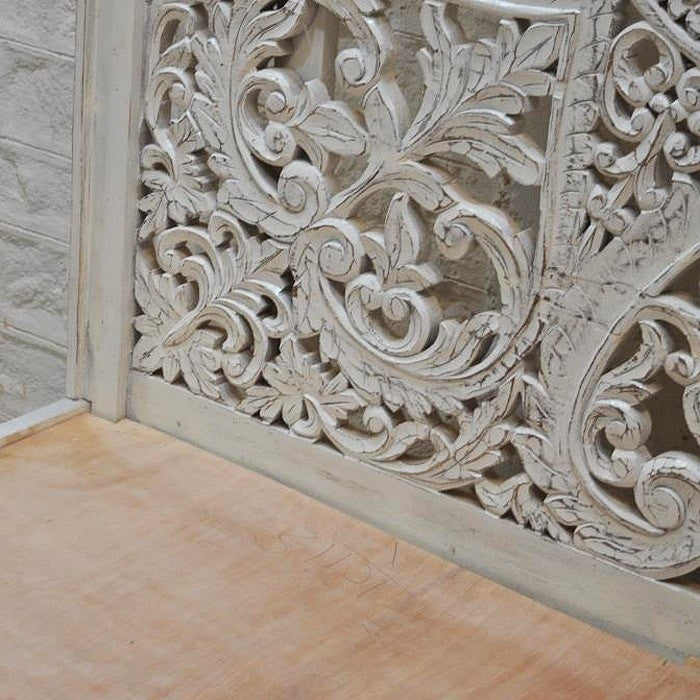 Hand Carved Solid Wood Indian Kerri Bed Frame in White - Elegant & Durable Bedroom Furniture for Master Suite or Guest Room