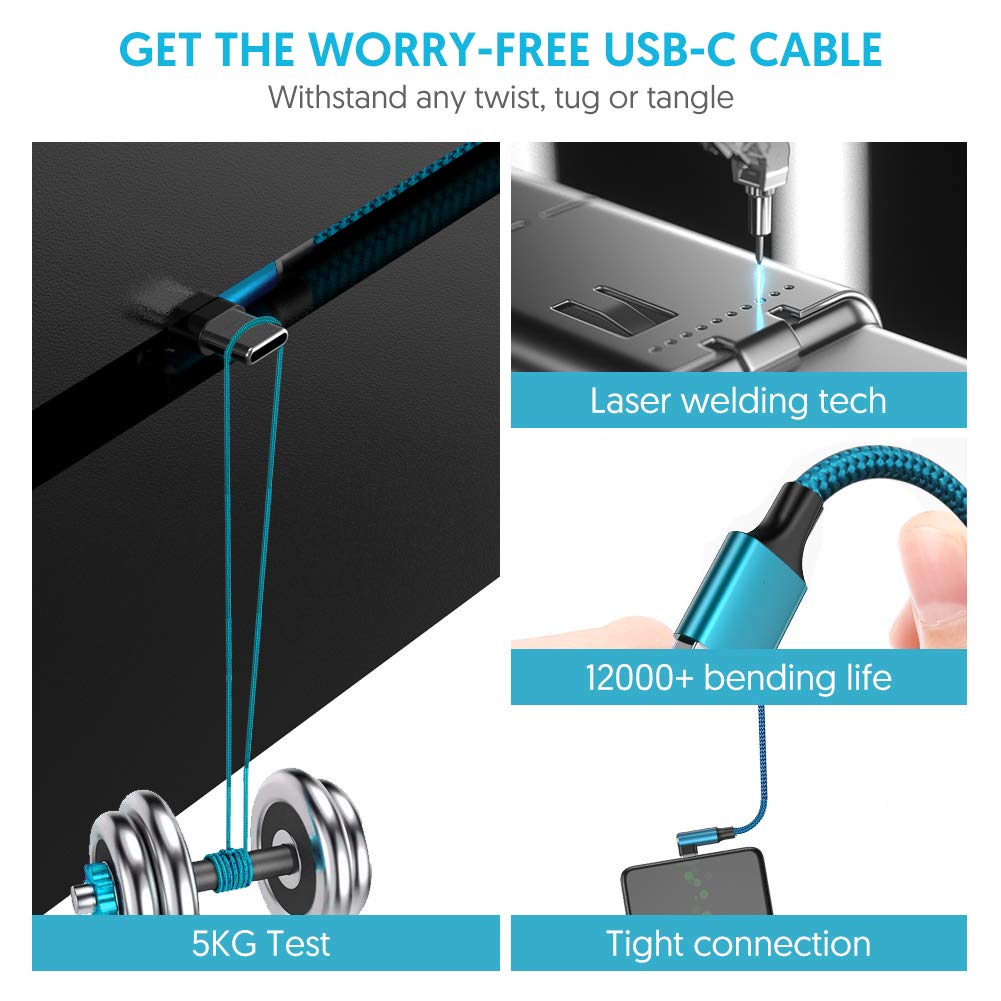 Geekboy USB C Cable 10ft 2-Pack - Right Angle USB A to Type C Charger Cable with Nylon Braiding for iPhone 15 Series & Samsung Galaxy S23/S22/S21 - Fast Charging & Durable (Cyan) - Perfect for Home, Office, Car & Travel Charging