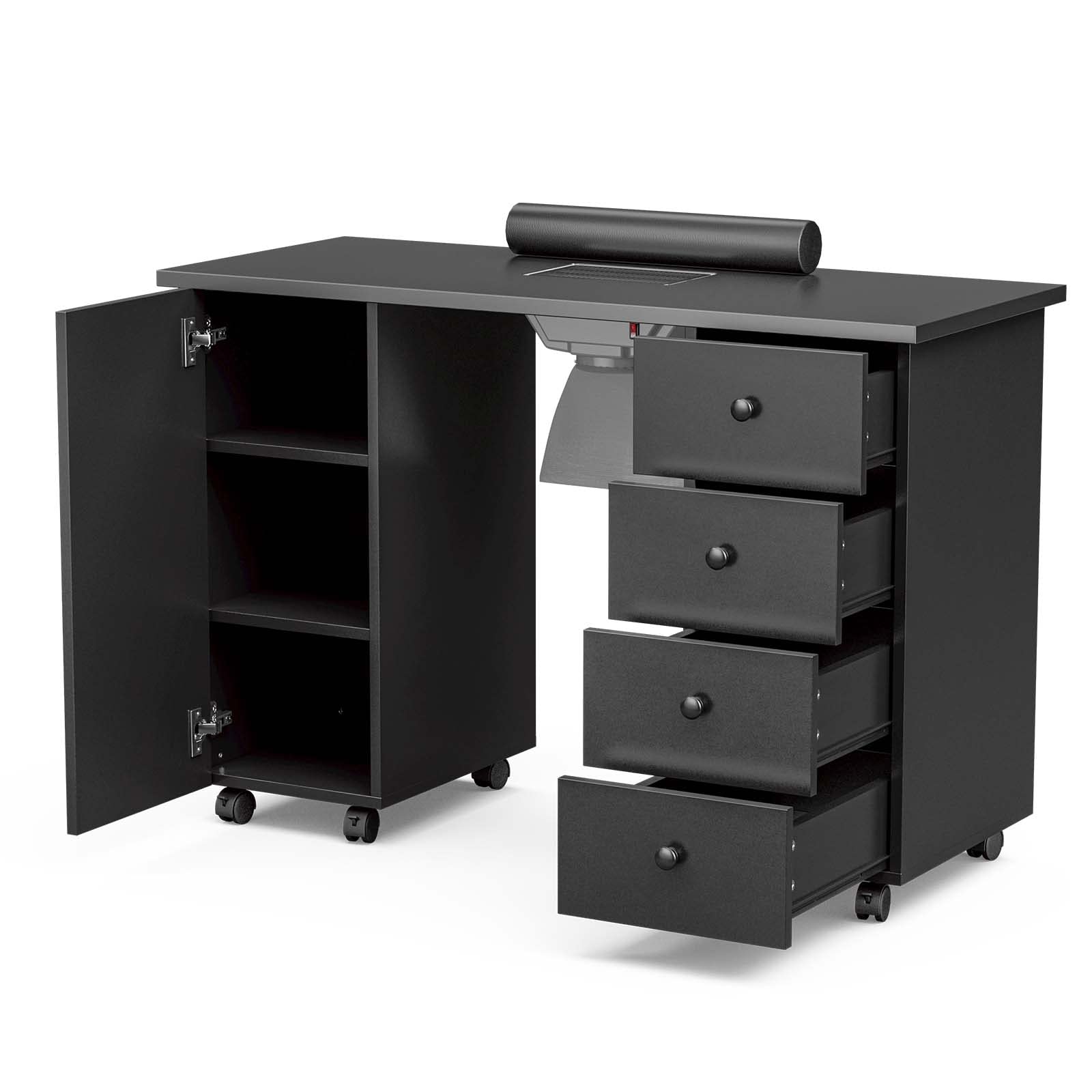Professional Paddie Manicure Table Nail Station with Dust Collector - Portable Nail Art Desk Workstation with Lockable Wheels, Wrist Cushion & Storage Cabinet (Black) | Perfect for Salon, Spa & Home Nail Care Business