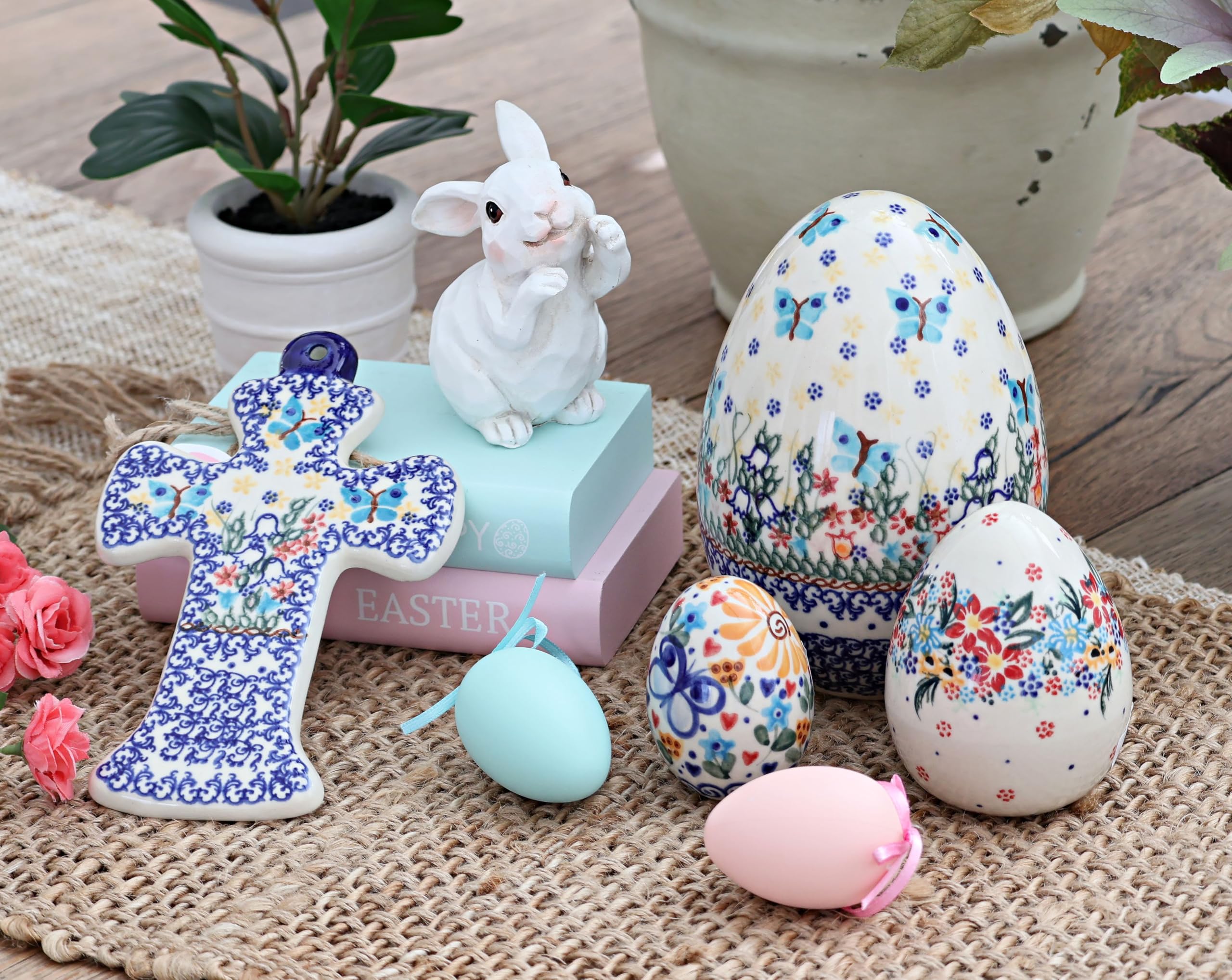 Hand-Painted Blue Rose Polish Pottery Garden of Eden Large Decorative Egg - Perfect for Easter Decor, Home Centerpiece & Unique Gift