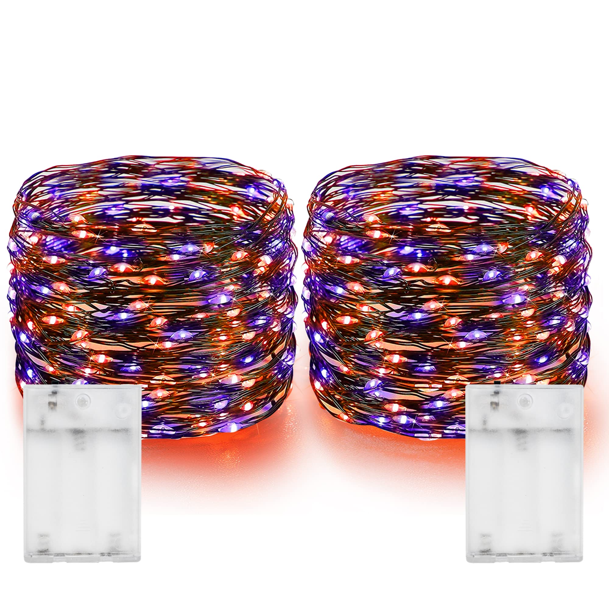 Dazzling Purple and Orange Fairy String Lights - 2 Pack 40FT 120 LED Battery Operated Waterproof Copper Wire Lights for Halloween, Indoor Home, Outdoor Patio, Yard Party Decorations - Perfect for Garden, Wedding, Christmas, and Bedroom Ambiance