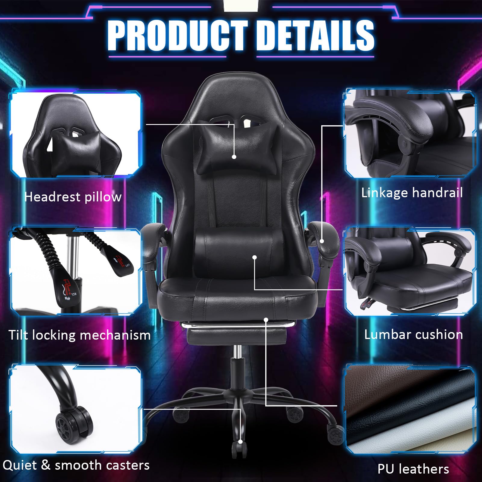 Premium Ergonomic Gaming Chair for Adults - High Back Computer Office Chair with Adjustable Lumbar Support & Footrest - 350LBS Weight Capacity - Black - Perfect for PC Gaming, Streaming, and Long Work Sessions
