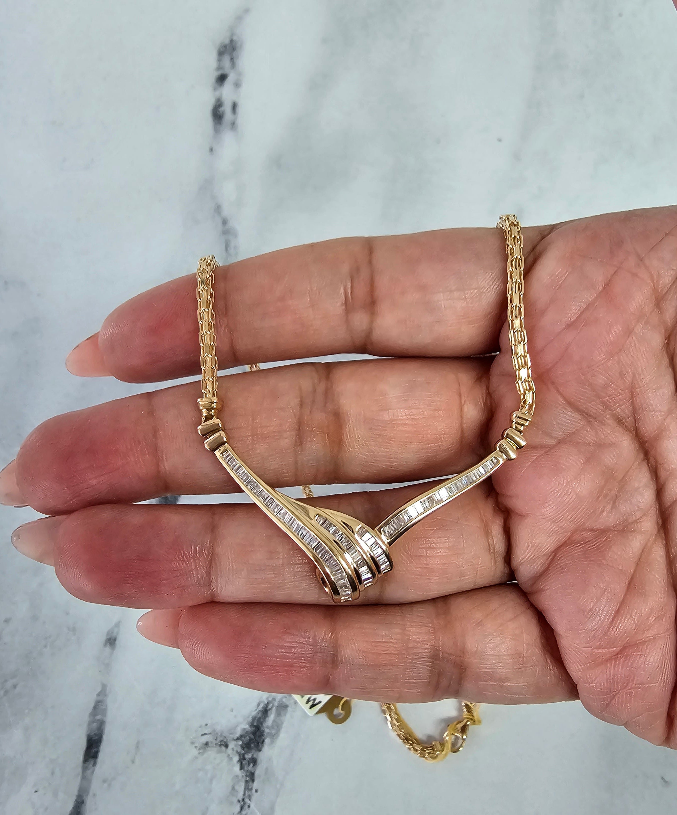 V-Shaped Baguette Diamond Wheat Necklace - Elegant Pendant for Women, Perfect for Weddings, Anniversaries & Special Occasions