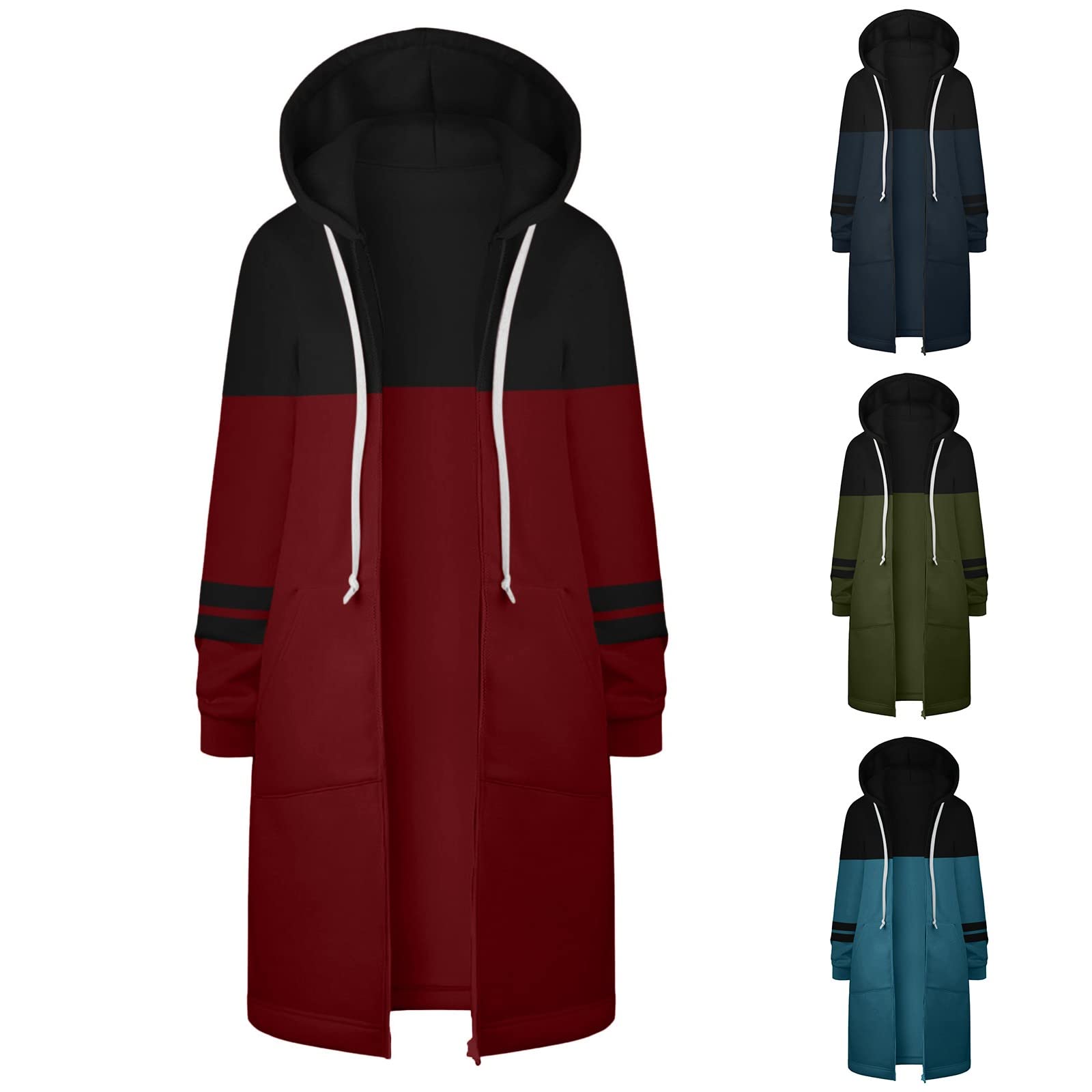 Women's Color Block Long Zip Up Hoodie - Simple Full Zip Sweatshirt Coat in Army Green (XL) | Casual Outerwear for Fall & Winter | Streetwear Fashion for Everyday Wear