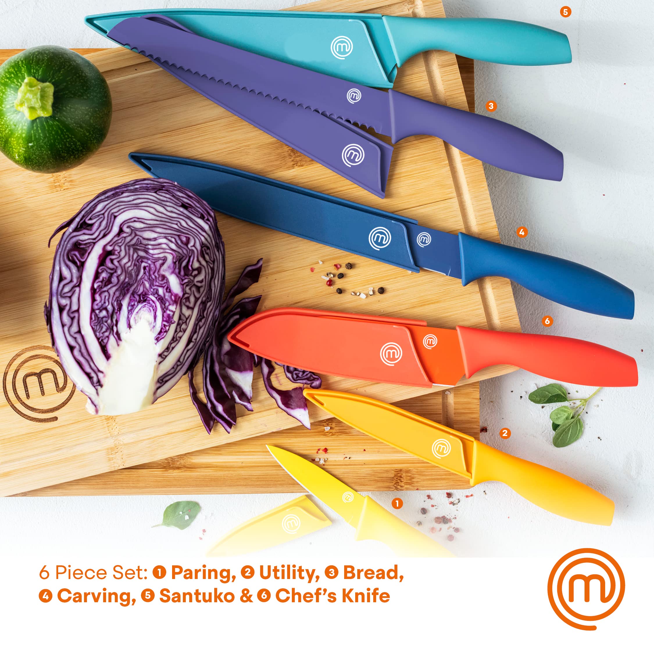 MasterChef 12-Piece Premium Kitchen Knife Set with Protective Covers - Includes Paring, Boning, Carving, Bread, Santoku & Chef Knives - Razor-Sharp Stainless Steel Blades with Sheaths (6 Colorful Knives + 6 Covers) - Perfect for Home Cooking, Professional Chefs & Culinary Enthusiasts
