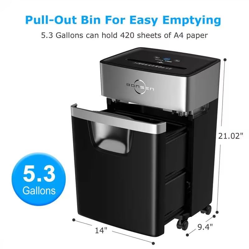 BONSEN 16-Sheet Heavy Duty Cross-Cut Paper Shredder for Office & Home Use - 60-Minute Continuous Run Time, 60dB Low Noise, 5.3-Gallon Pull-Out Bin, Anti-Jam Technology - Perfect for Confidential Document Destruction & CD Shredding (Model S3102)