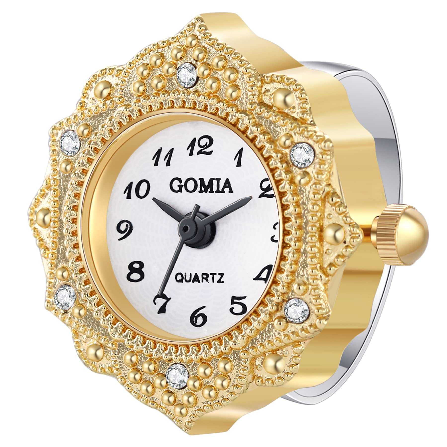 JewelryWe Novelty Finger Watch - Classic Gold & Silver Plated Round Dial Quartz Ring Watch with Adjustable Rhinestone Band | Perfect for Halloween Costumes, Cosplay, Parties, and Unique Fashion Accessories