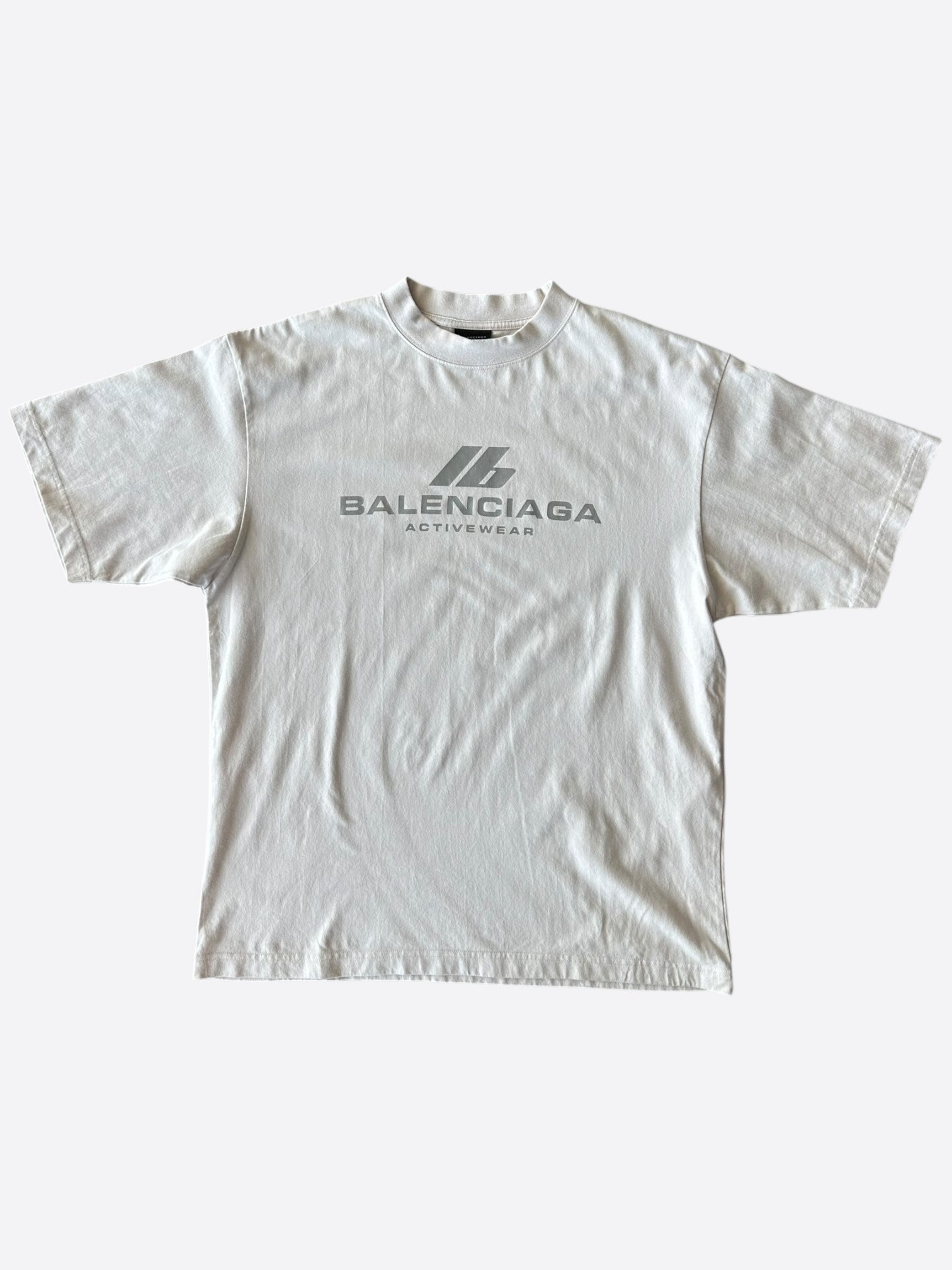 Balenciaga White & Reflective Grey Logo Active T-Shirt for Men - Stylish Casual Wear for Gym, Street Fashion & Everyday Outfits