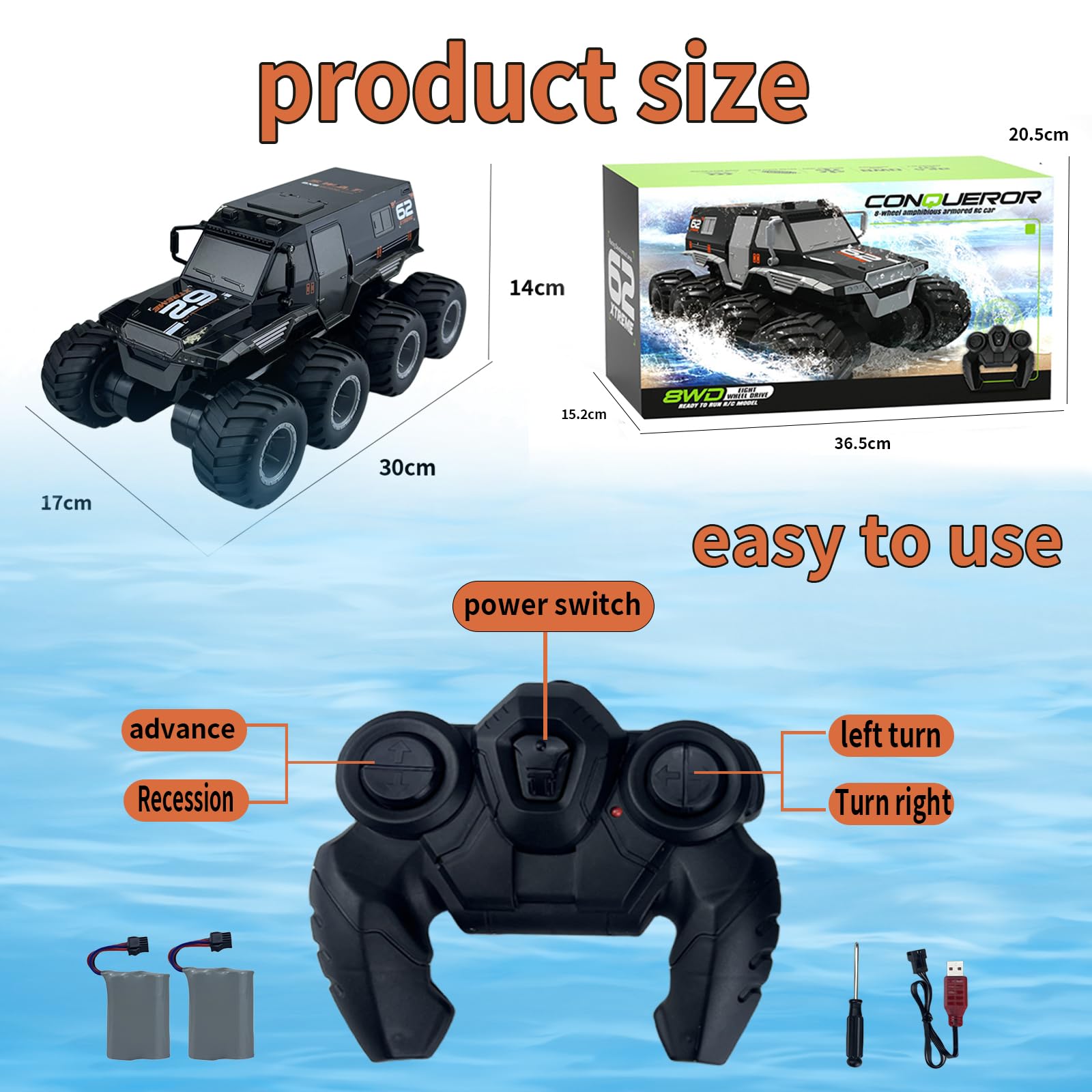 **SEKAIHT 2.4GHz Amphibious Remote Control Car & Boat - Waterproof 8WD RC Monster Truck with 2 Batteries, Stunt & Drift RC Toy for Kids Ages 8-12 - Perfect for Boys, Girls, Birthday Gifts & Pool Toys | Outdoor, Beach & Backyard Play**