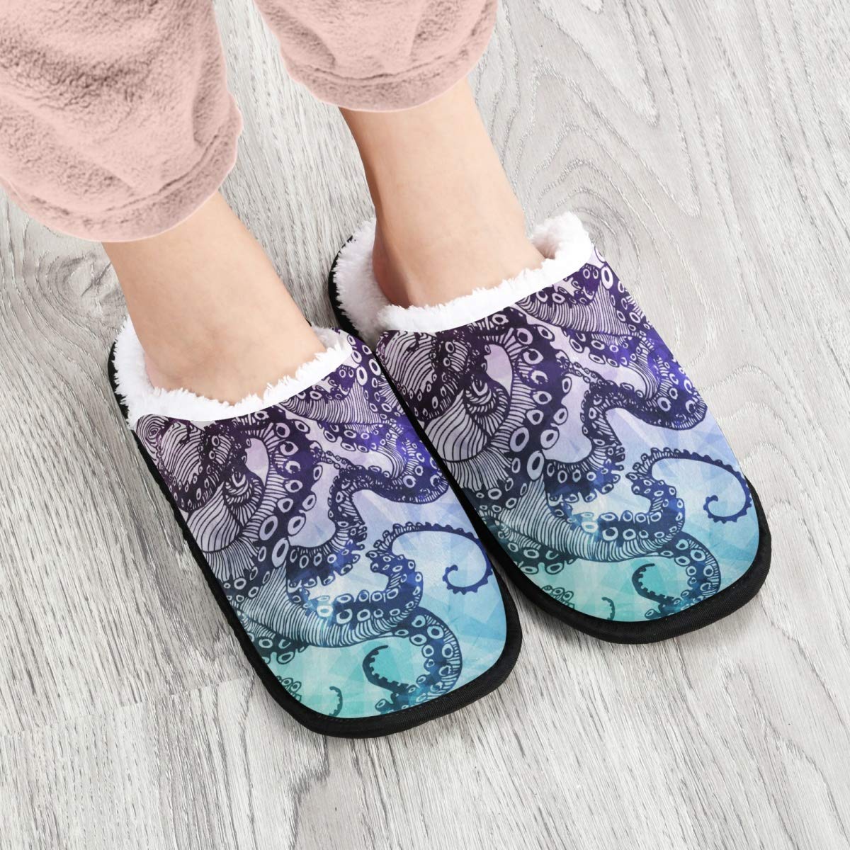 ALAZA Non-Slip Abstract Octopus Slippers for Men & Women - Cozy Home, Hotel, Spa, Bedroom & Travel House Shoes for Indoor Comfort
