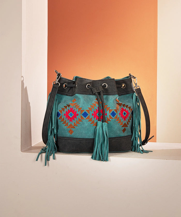Montana West Aztec Fringe Bucket Bag Set for Women - Stylish Leather Crossbody Purse with Adjustable Strap, Perfect for Travel, Shopping & Everyday Use