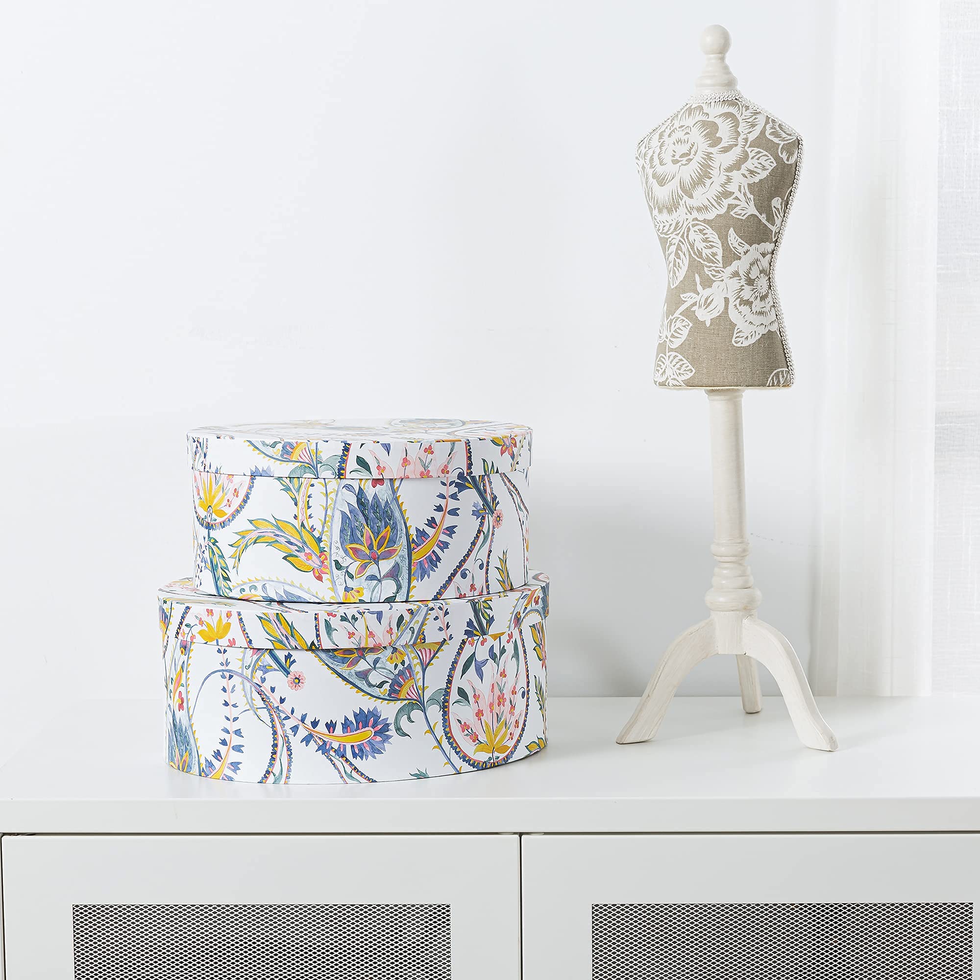 Soul & Lane Decorative Cardboard Storage Boxes with Lids - Set of 2 Floral Paisley Keepsake Boxes for Women | Paperboard Oval Nesting Gift Organizer for Jewelry, Photos & Home Decor