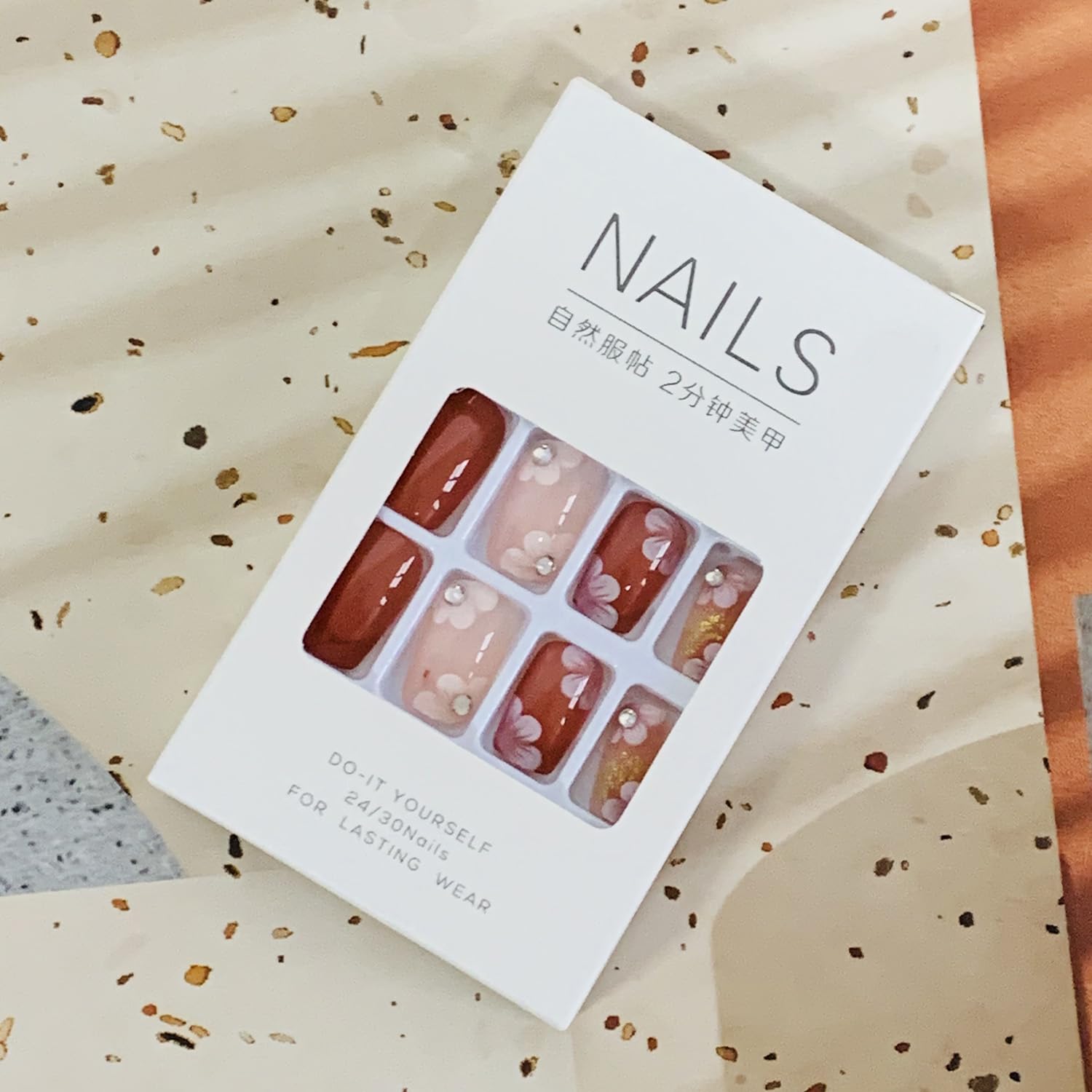 Vezocim 24Pcs Medium Length Square Press on Nails - Glossy Brown Acrylic Fake Nails with Flower & Rhinestone Designs, Full Cover Coffin False Nails with Glue Kit for Women | Perfect for Parties, Weddings, Date Nights & Special Occasions