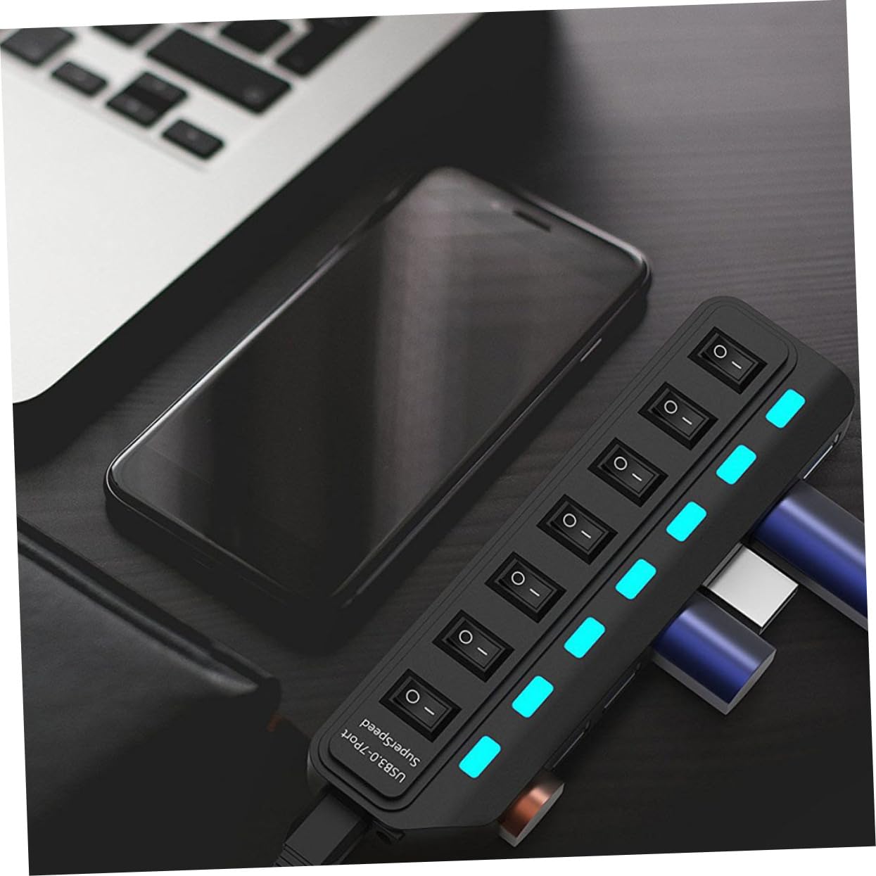 HOMSFOU USB 3.0 Hub 7-Port Docking Station - High-Speed Data Hub for Laptop, Computer, and Tablets - Ideal for Home Office and Multi-Device Setup