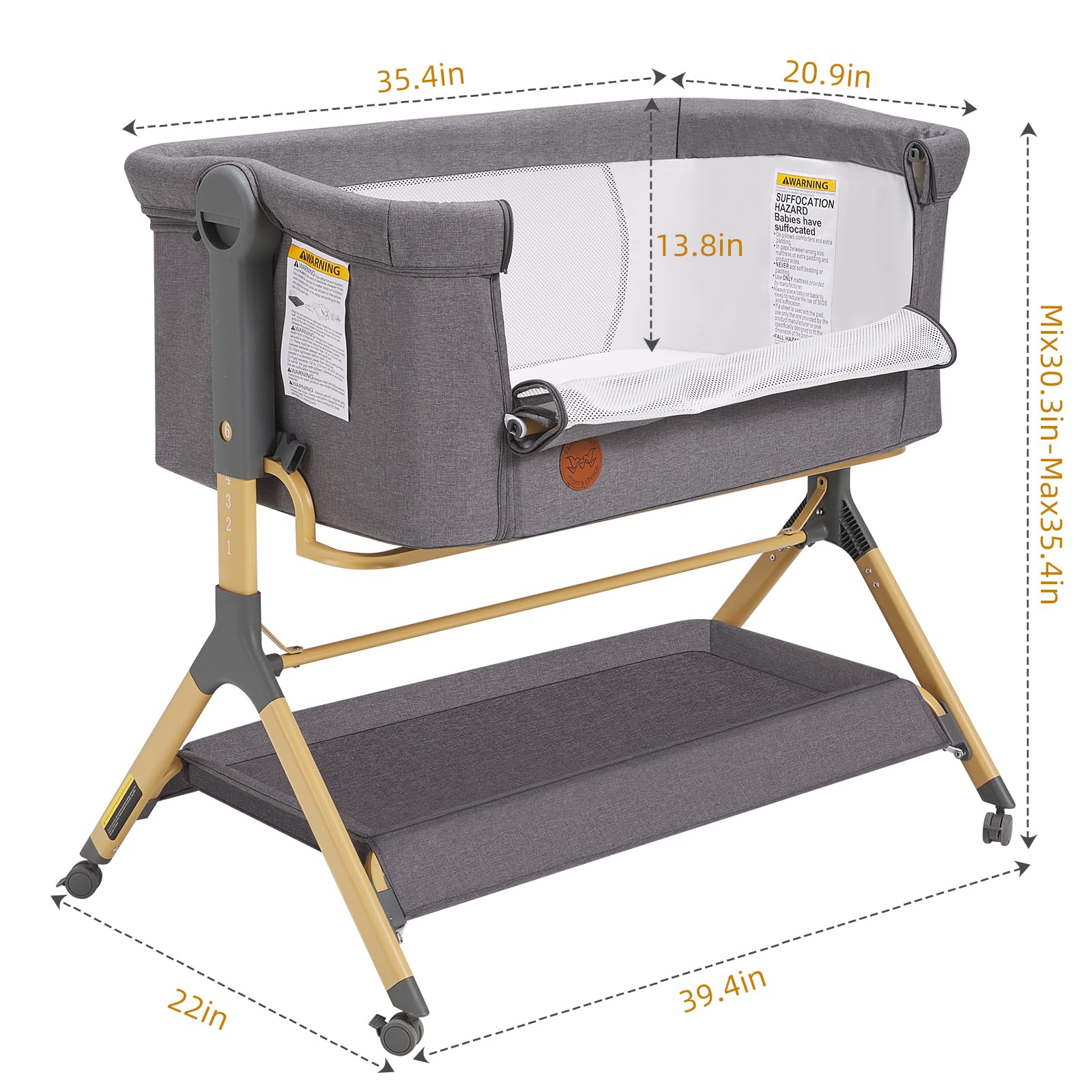 Portable Baby Bassinet with Wheels & Storage - Adjustable Height Bedside Sleeper with Waterproof Mattress Cover - Newborn Crib for Co-Sleeping - Perfect for Nursery, Bedroom & Travel Use
