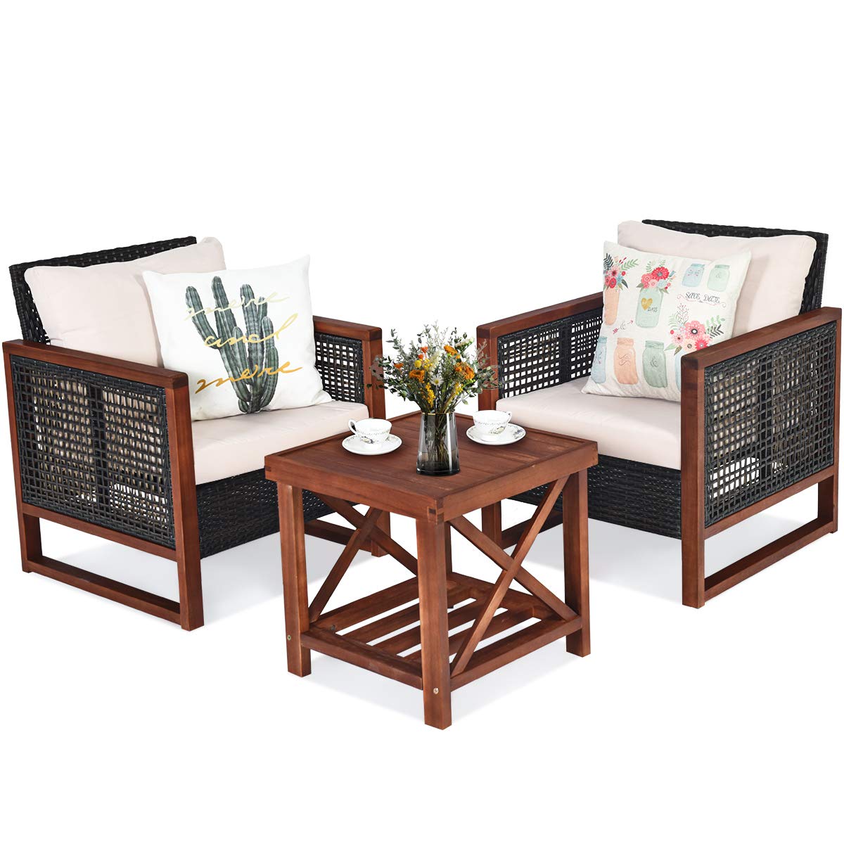 Tangkula 3-Piece Patio Furniture Set - All-Weather Wicker Outdoor Sofa with Washable Cushions & Acacia Wood Coffee Table, Rattan Conversation Set for Garden, Balcony, Backyard, Porch (Beige) - Perfect for Outdoor Relaxation, Entertaining Guests, and Enjoying Morning Coffee