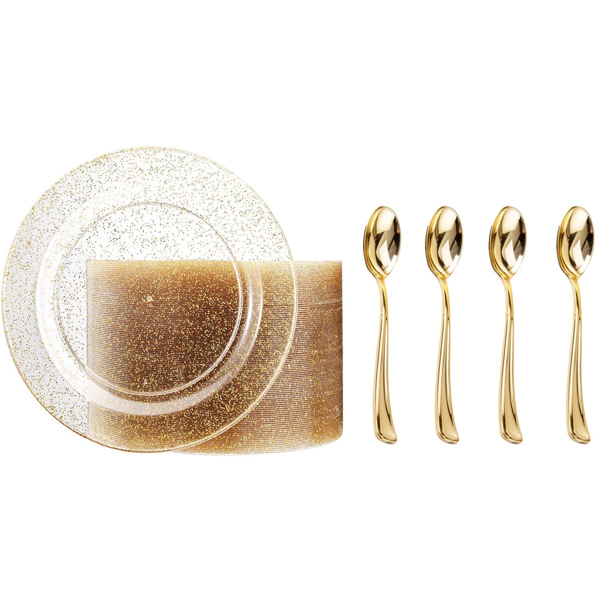 Liacere 100-Pack Gold Plastic Plates & 200-Pack Gold Plastic Spoons - 6.7 Inch Disposable Glitter Appetizer Plates - Heavy Duty Gold Plastic Cutlery Set for Parties, Weddings, Bridal Showers, Birthday Celebrations & Holiday Events