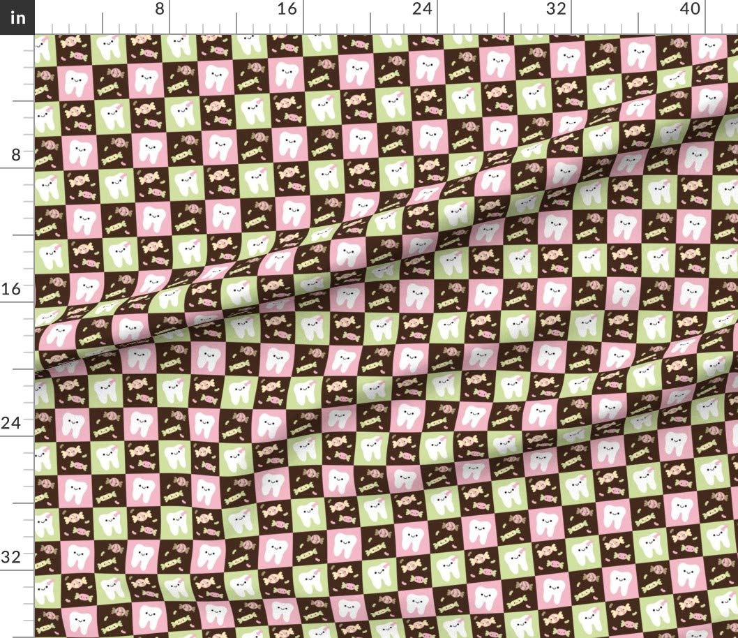 Happy Teeth Checkerboard Cotton Fabric - Brown Pink Light Green Dental Print for Sewing, Quilting & DIY Crafts | Tooth Fairy Design on Petal Signature Cotton | Perfect for Apparel, Home Decor & Gift Wrapping