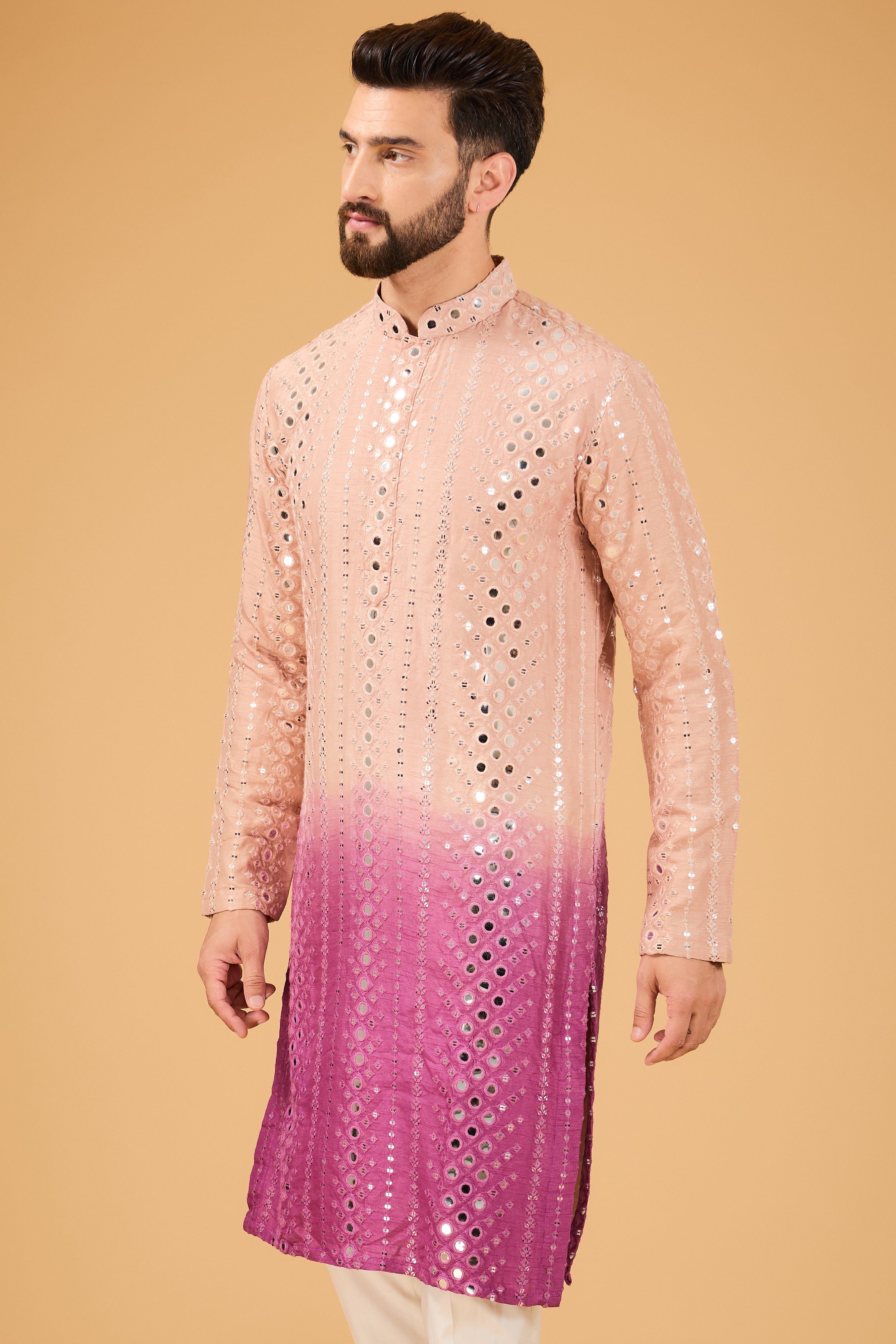 Nude Mauve Ombre Shaded Mirror Work Kurta - Elegant Embroidered Indian Tunic for Women, Perfect for Festivals, Weddings & Ethnic Occasions