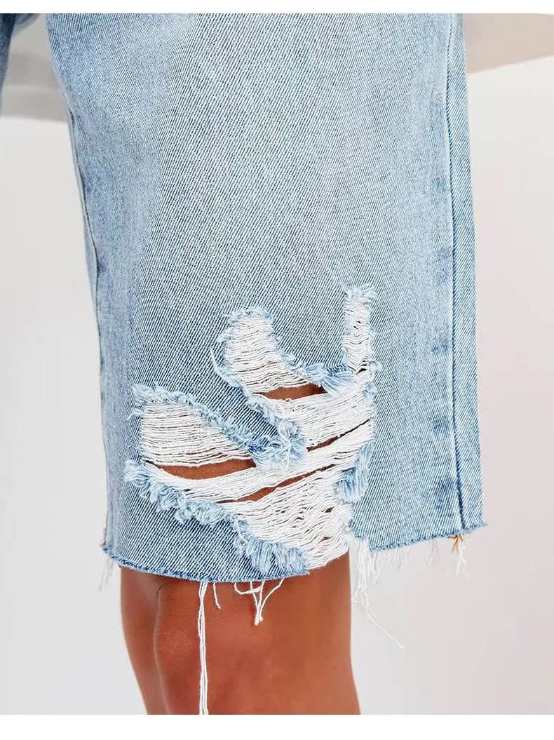 Sumleno 2025 Women's High Waist Bermuda Denim Shorts - Distressed Straight Leg Y2K Style, Knee Length Ripped Raw Hem Jean Shorts for Casual Wear, Summer Outfits & Street Fashion