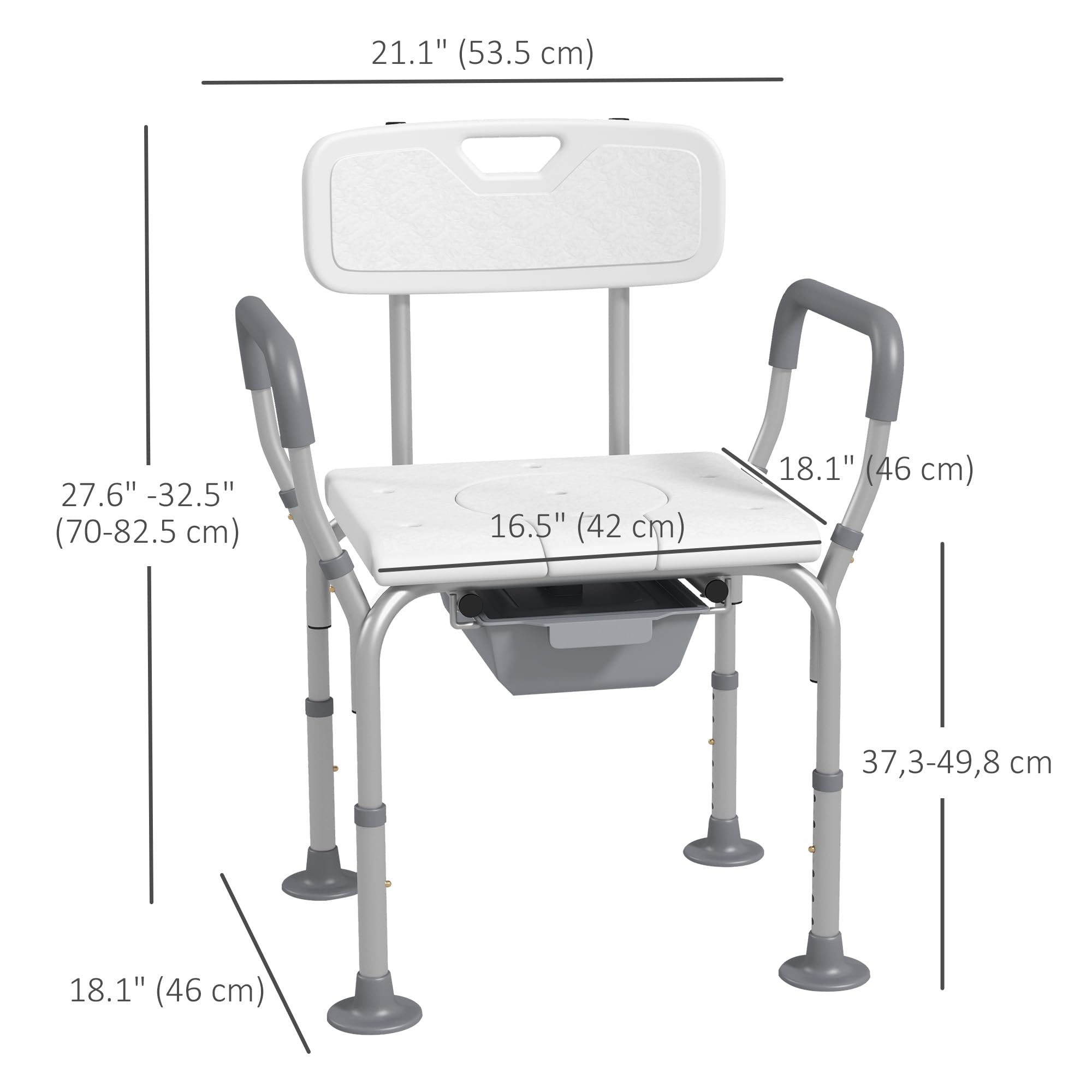 HOMCOM 3-in-1 Adjustable Shower Chair with Backrest & Arms, Bedside Commode & Raised Toilet Seat - Non-Slip Rubber Feet for Elderly & Disabled - Safe Bathroom Mobility Aid for Seniors, Post-Surgery Recovery & Home Care (White)