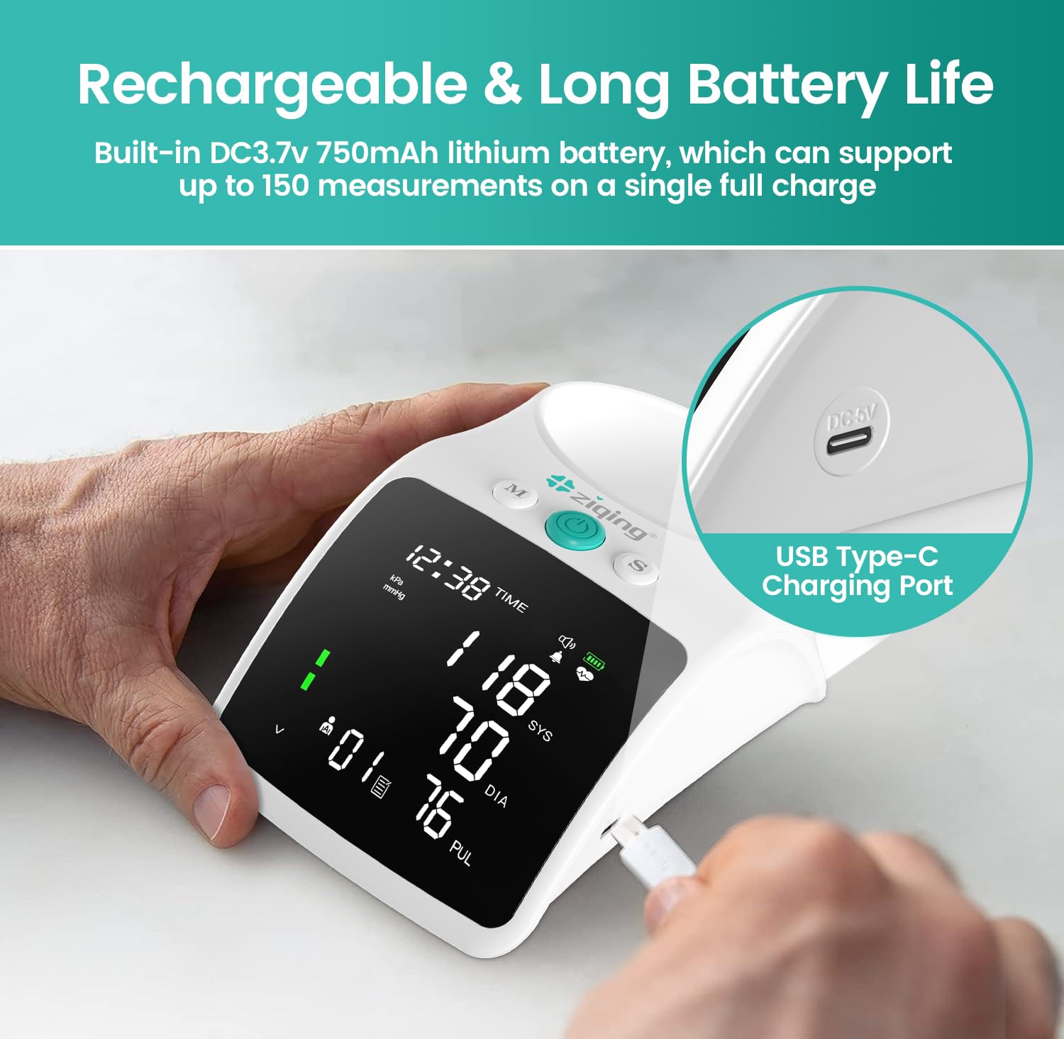 Rechargeable Upper Arm Blood Pressure Monitor with XL Large Cuff, LED Backlit Display, 198 Memory Storage & Voice Function - Portable BP Machine with Carrying Case for Home Use, Travel, and Health Monitoring