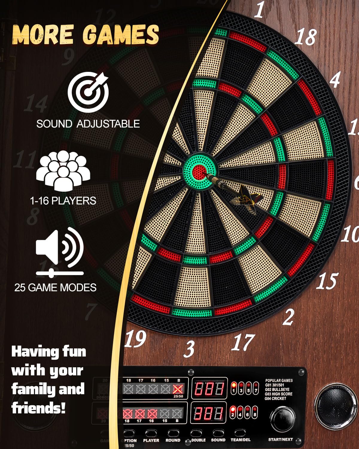 Electronic Dart Board Set for Adults - Wooden Dartboard Cabinet with 12 Bronze Soft Tip Darts & Cricket Game Mode - Perfect for Family Game Rooms, Man Caves & Bars