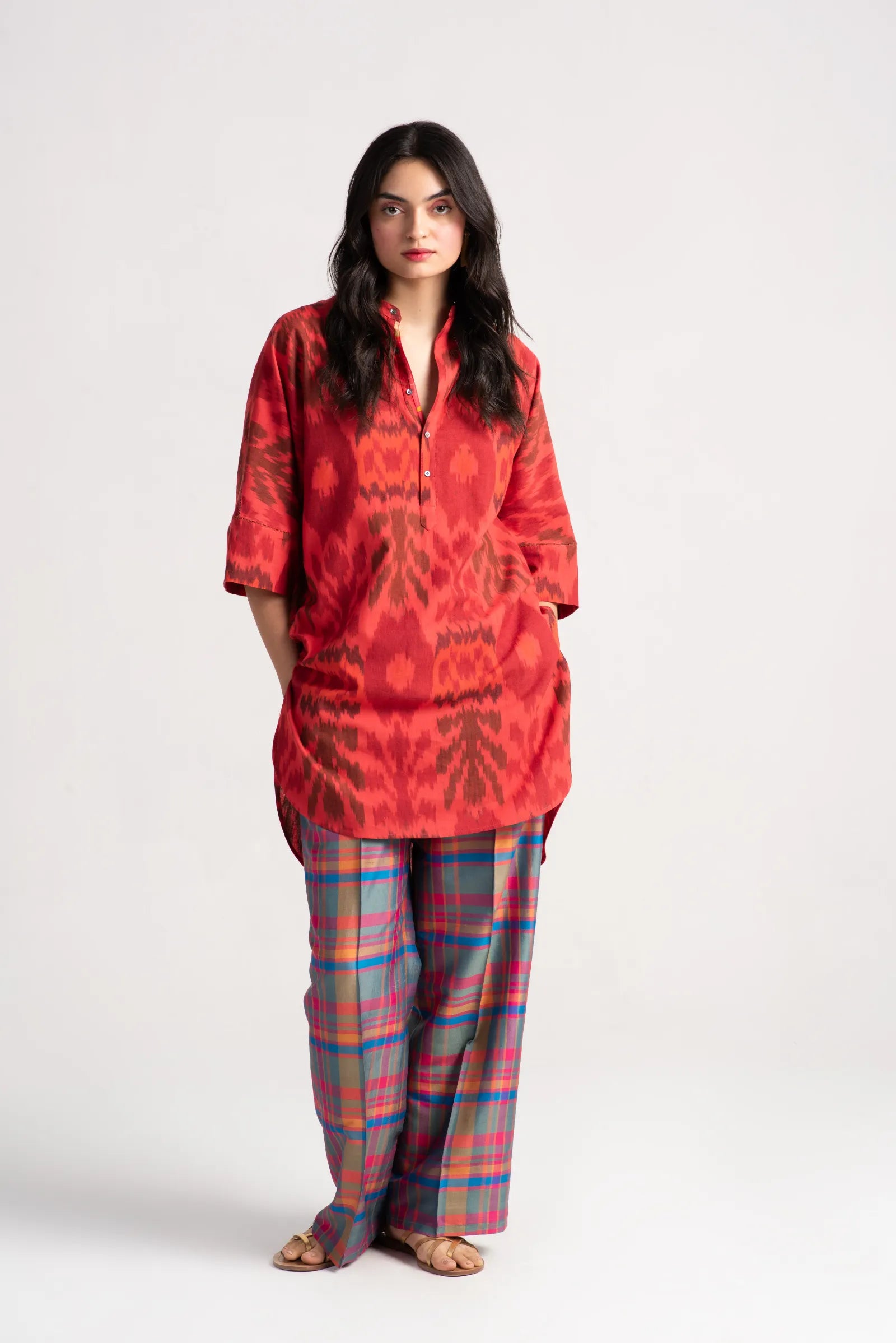 Handmade Noor Kurta Cotton Ikat Red Dress - Traditional Pakistani Indian Ethnic Wear for Women - Perfect for Festivals, Weddings & Casual Outings