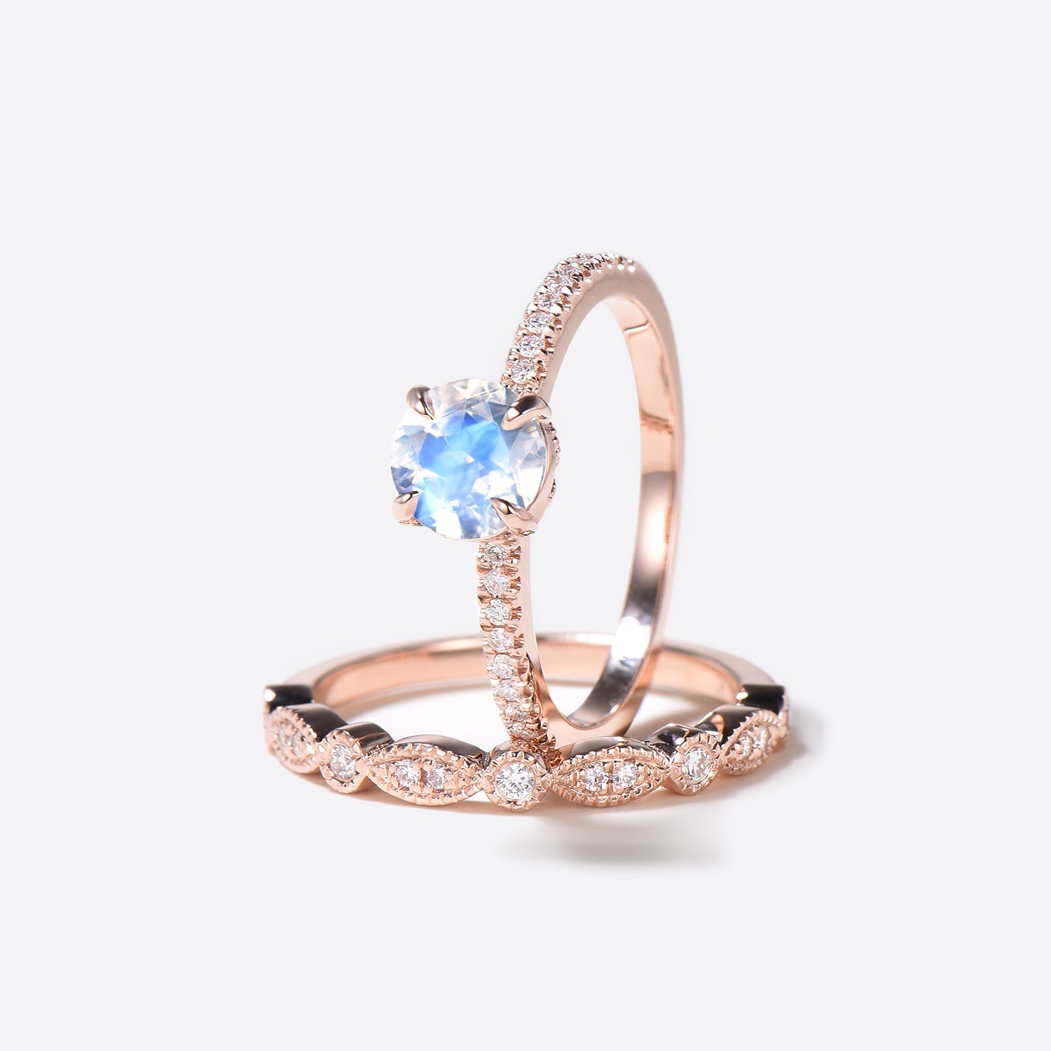 Vintage Rainbow Moonstone Diamond Rose Gold Engagement Ring Set - 2 Piece Bridal Jewelry for Wedding, Proposal & Anniversary Gifts