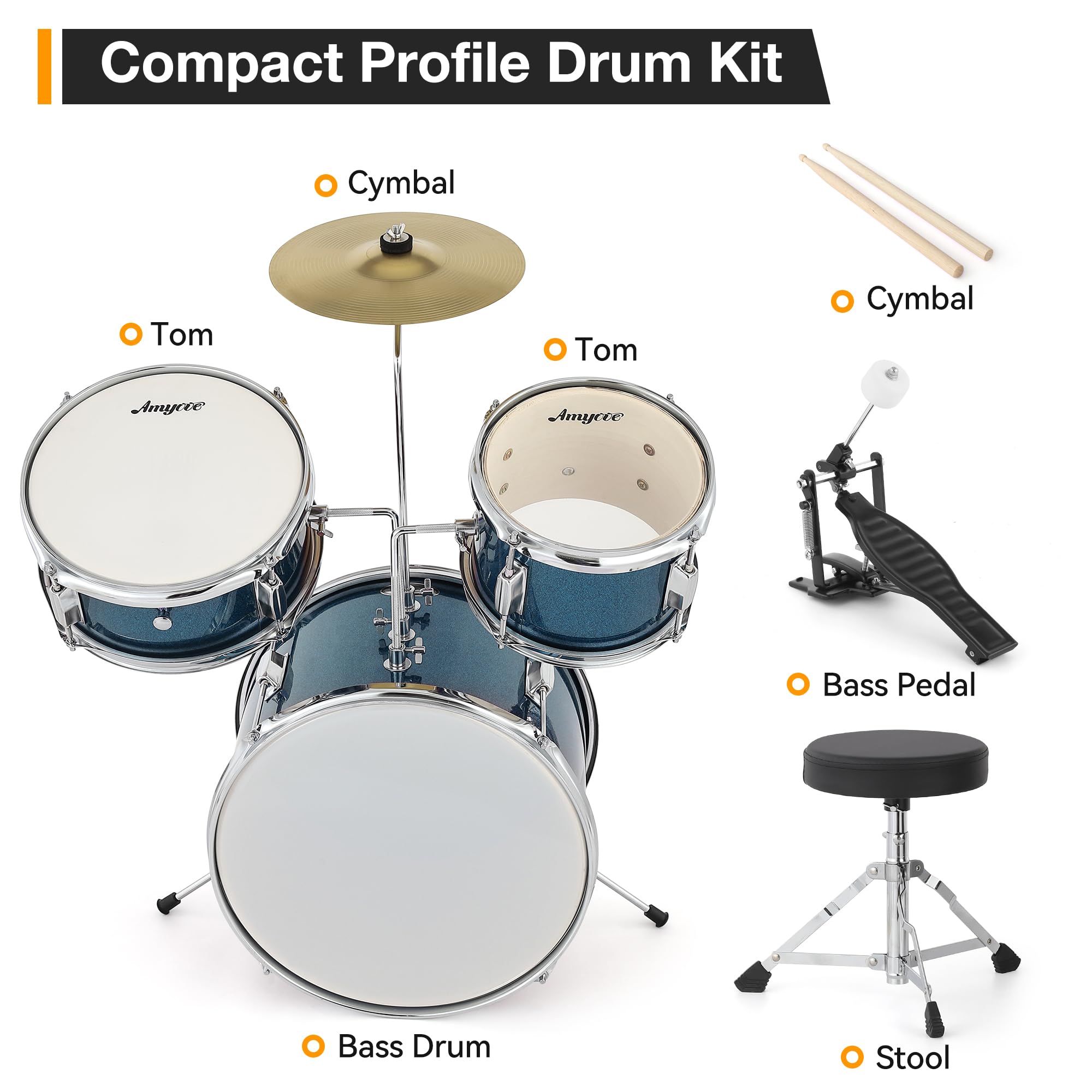 3-Piece Beginner Drum Set with 10