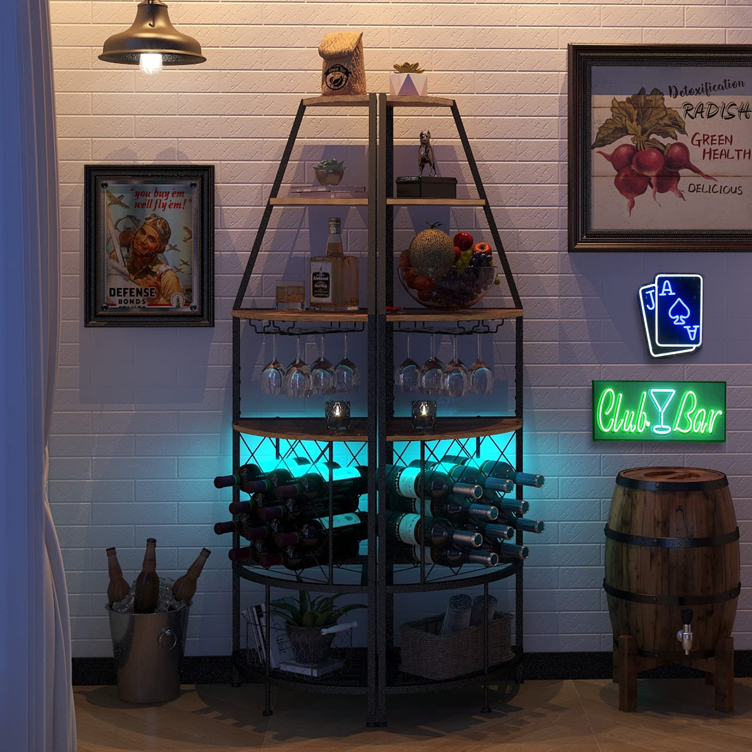 5-Tier Corner Wine Rack with LED Lights - Floor Standing Wine Storage with Glass Holder for 12 Bottles - Rustic Brown Home Bar Furniture for Kitchen, Living Room & Dining Room - Perfect for Wine Enthusiasts & Entertaining Guests