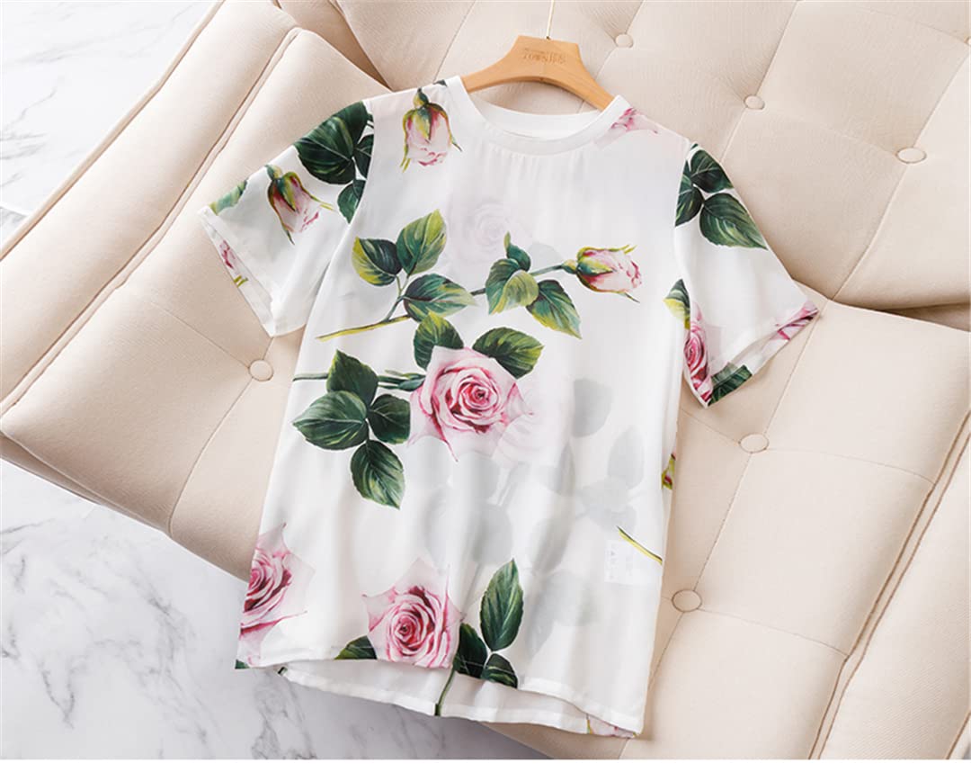 100% Real Silk Women's T-Shirt - Summer 2024 Floral Print Short Sleeve O-Neck Tee - Loose Fit Casual Top for Women | Perfect for Beach Outings, Date Nights & Summer Vacations