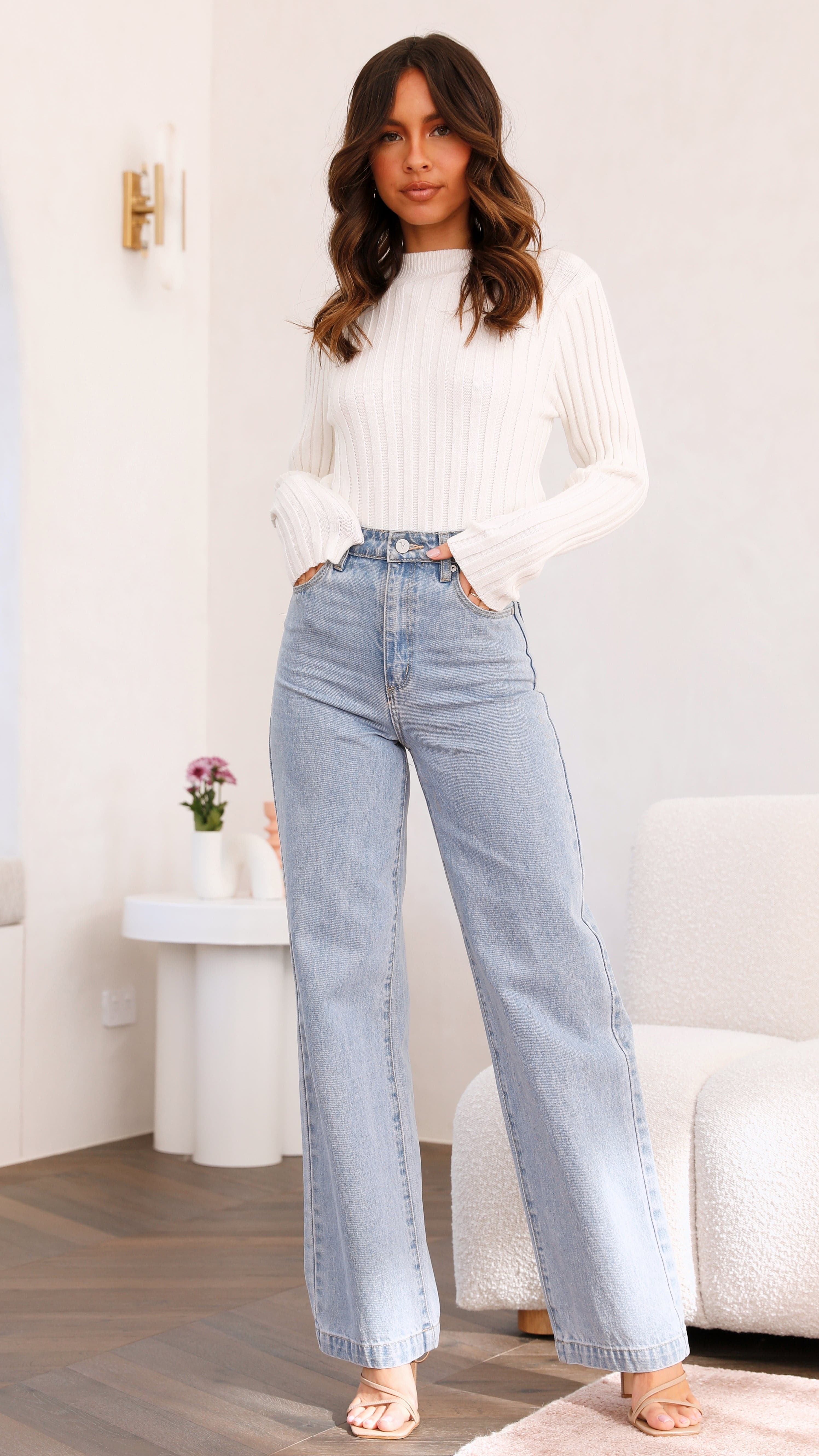 Imogen Long Sleeve Knit Crop Top - White | Women's Fashion Tops for Casual Wear, Layering & Fall Outfits