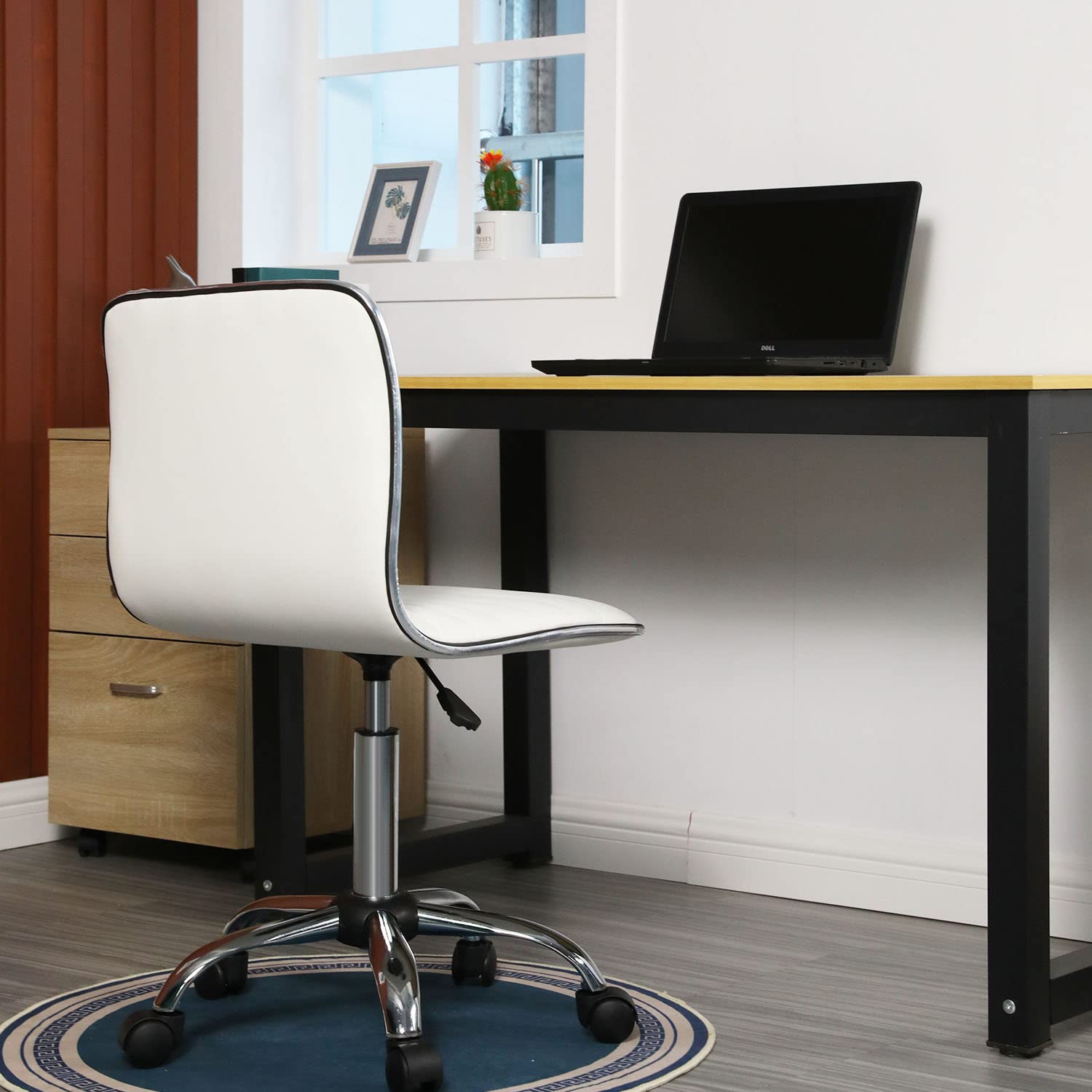 Adjustable Modern PU Leather Task Chair - Ergonomic Office Desk Chair, Vanity Makeup Chair for Home & Office - White PU Leather Seat for Comfortable Working & Beauty Room