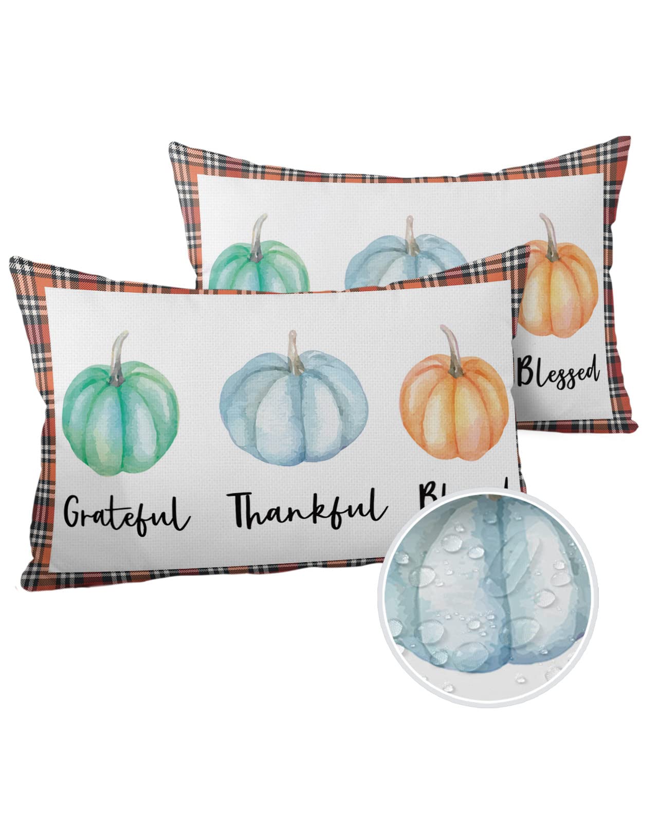 Waterproof Lumbar Pillow Covers 12x20 Inches - Set of 2 Thanksgiving Fall Plaid Cushion Covers in Red, Black, Teal & Orange - Decorative Rectangle Pillow Cases for Sofa, Patio, Garden & Home Decor