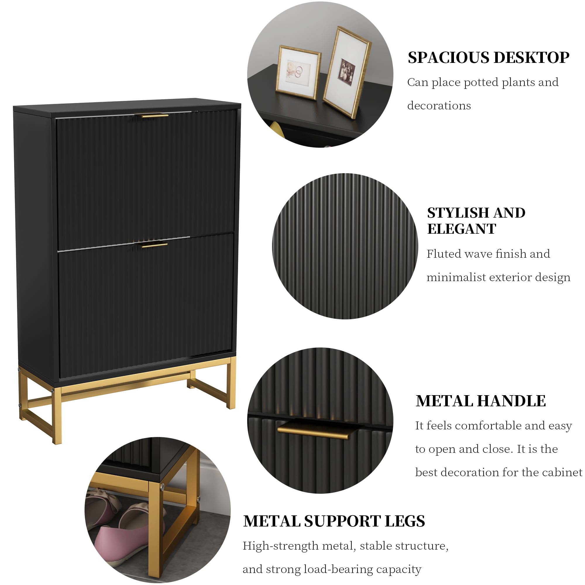 Modern Wooden Shoe Storage Cabinet with 2 Flip Drawers & Metal Legs - Freestanding Fluted Shoe Rack Organizer for Entryway, Hallway, Closet (Black, 35.8