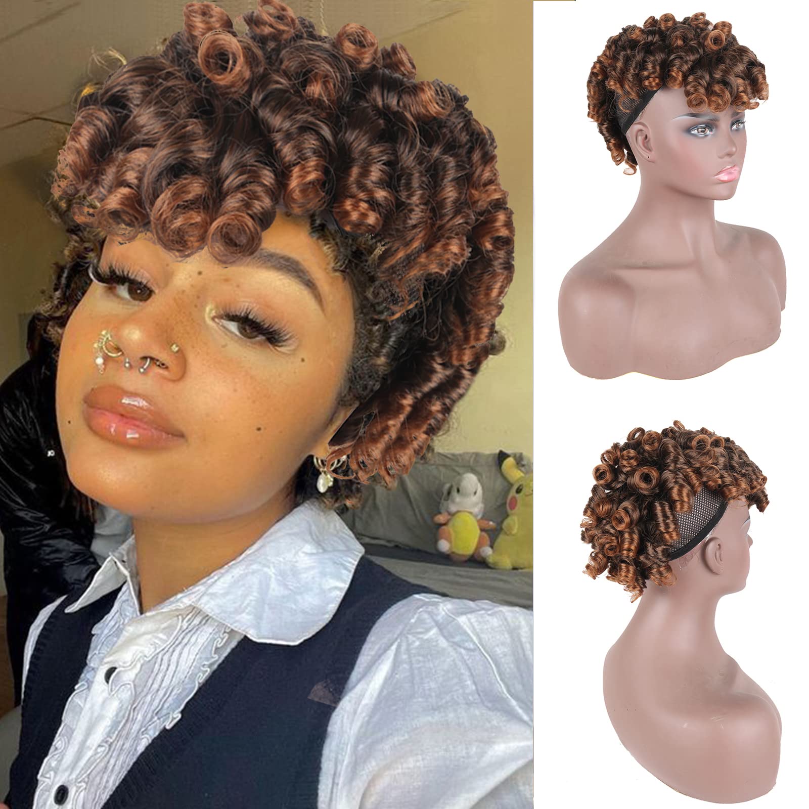 KRSI Deep Curly Mohawk Ponytail Synthetic Wig for Black Women - Afro Puff with Bangs in Dark Brown (1B/30) | Faux Mohawk Hairpiece for Women | Perfect for Cosplay, Halloween, and Everyday Fashion