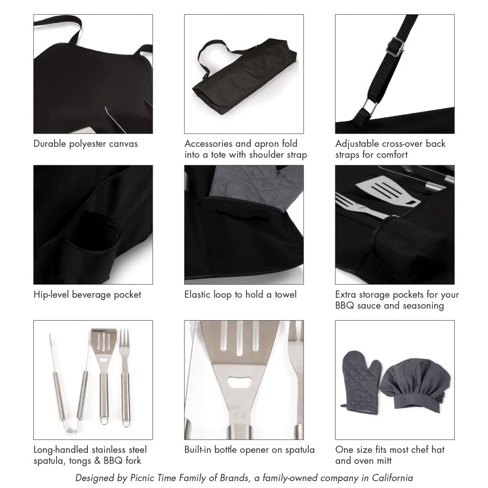 PICNIC TIME NCAA BBQ Apron Tote Pro Grill Set - Durable Grilling Accessories for Outdoor Cooking, Tailgating & Backyard Parties - Perfect Gift for BBQ Lovers & Sports Fans