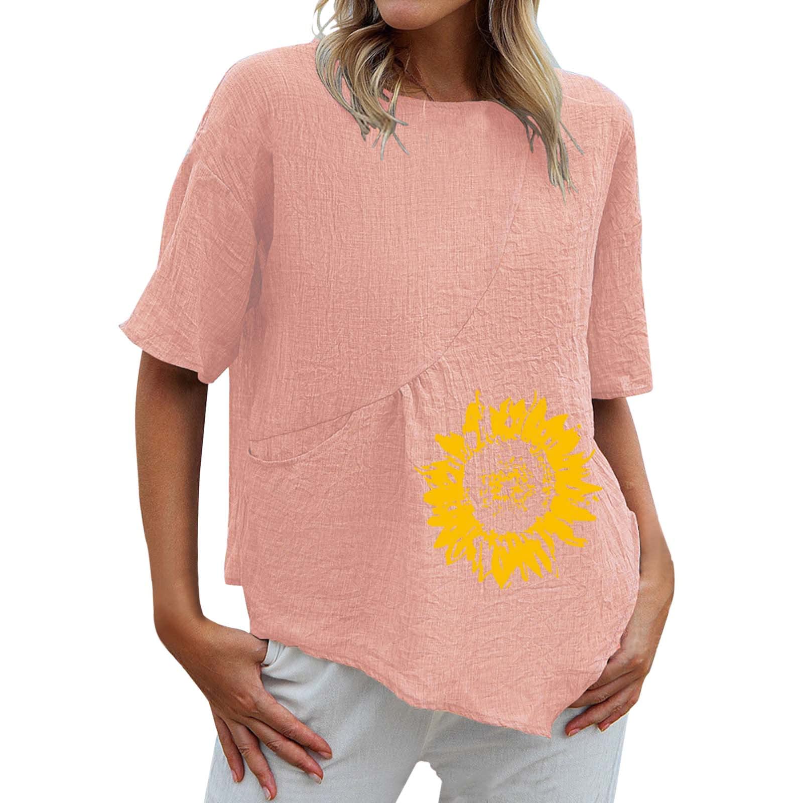 Women's Cat Print Crew Neck Short Sleeve Cotton Linen T-Shirt & Long Sleeve Spandex Blouse - Casual Summer Tops for Everyday Wear, Work, and Weekend Outings