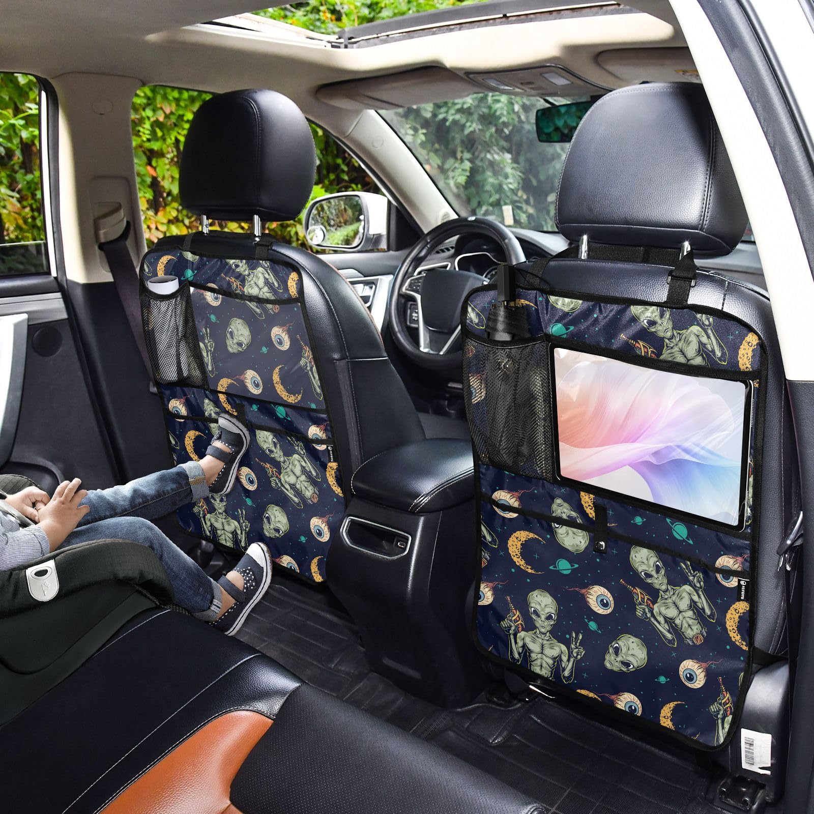 Alien Element Print Car Seat Back Organizer - 2 Pack Seatback Protector with Multiple Pockets for Tablet, Bottle, Tissue & Books (25x18 IN) - Perfect for Road Trips, Family Travel & Daily Commute