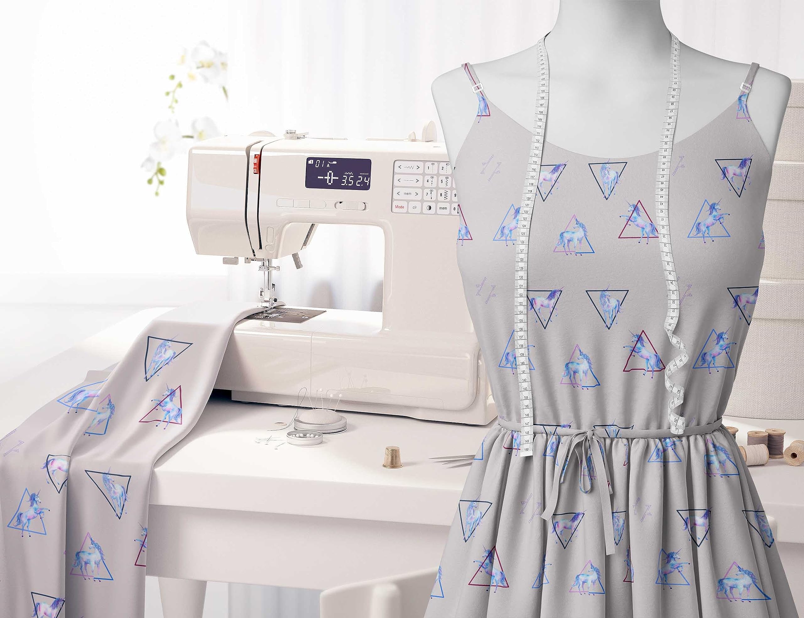 Soimoi Moss Georgette Gray Fabric by The Yard - 42 Inch Wide Geometric Printed Fabric with Unicorn & Triangle Patterns for DIY Crafts, Dressmaking, Home Decor & Costume Design - Whimsical Playful Material for Creative Sewing Projects