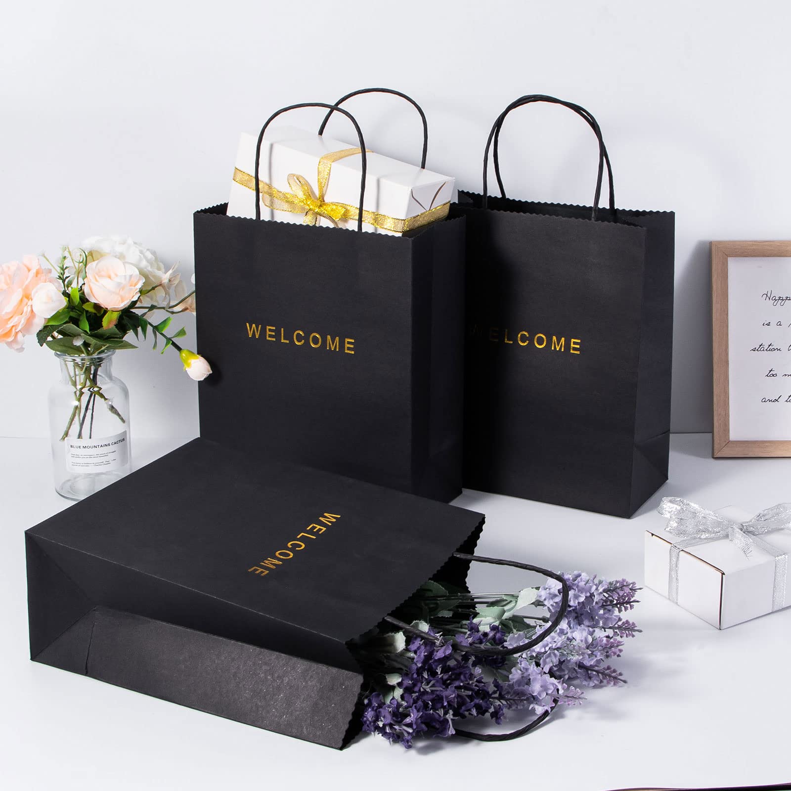 50 Pack Black Welcome Gift Bags with Handles - 7.9 x 3.7 x 9.4 Inches, 250g Paper - Perfect for Weddings, Parties, Retail & Shopping Bags - Bulk Welcome Bags for Guests, Bridal Showers & Corporate Events