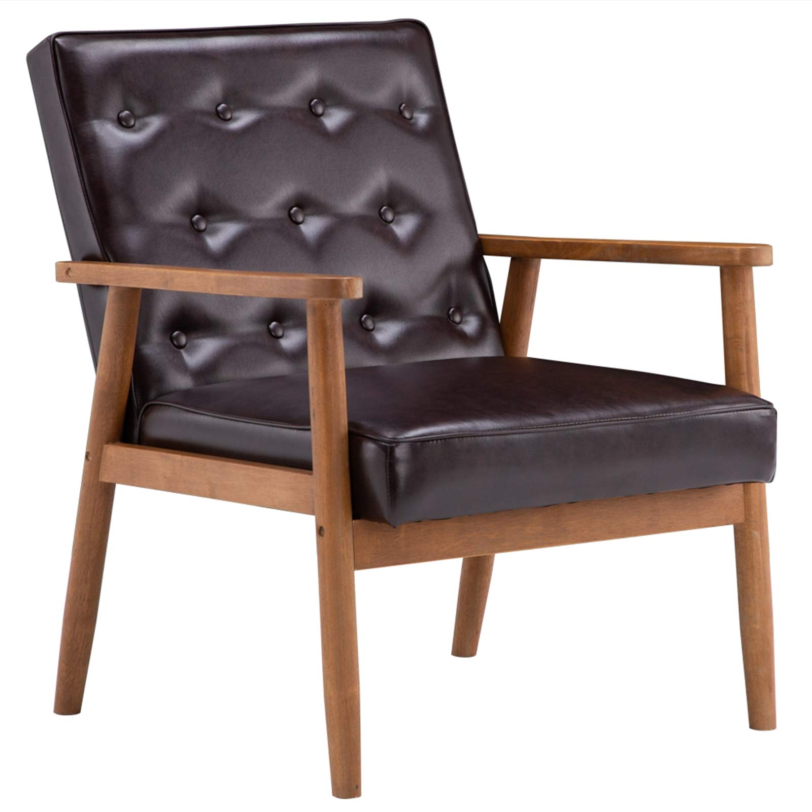 Vintage Mid Century Modern Accent Lounge Chair - Retro Faux Leather Dining Chair with Wooden Arms & Upholstered Cushion - Perfect for Kitchen, Café, Living Room, Bedroom & Office Decor - Brown Leather Lounge Chair for Home & Commercial Spaces