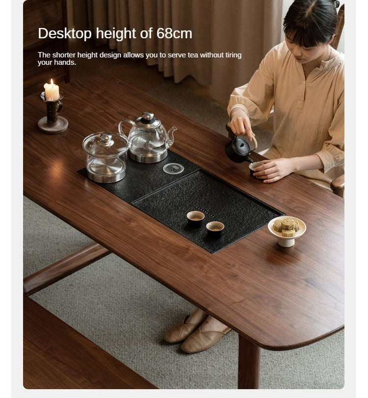 Premium Black Walnut Solid Wood Tea Table with Integrated Tray - Handcrafted Tea Serving Set for Living Room, Zen Meditation & Japanese Tea Ceremony