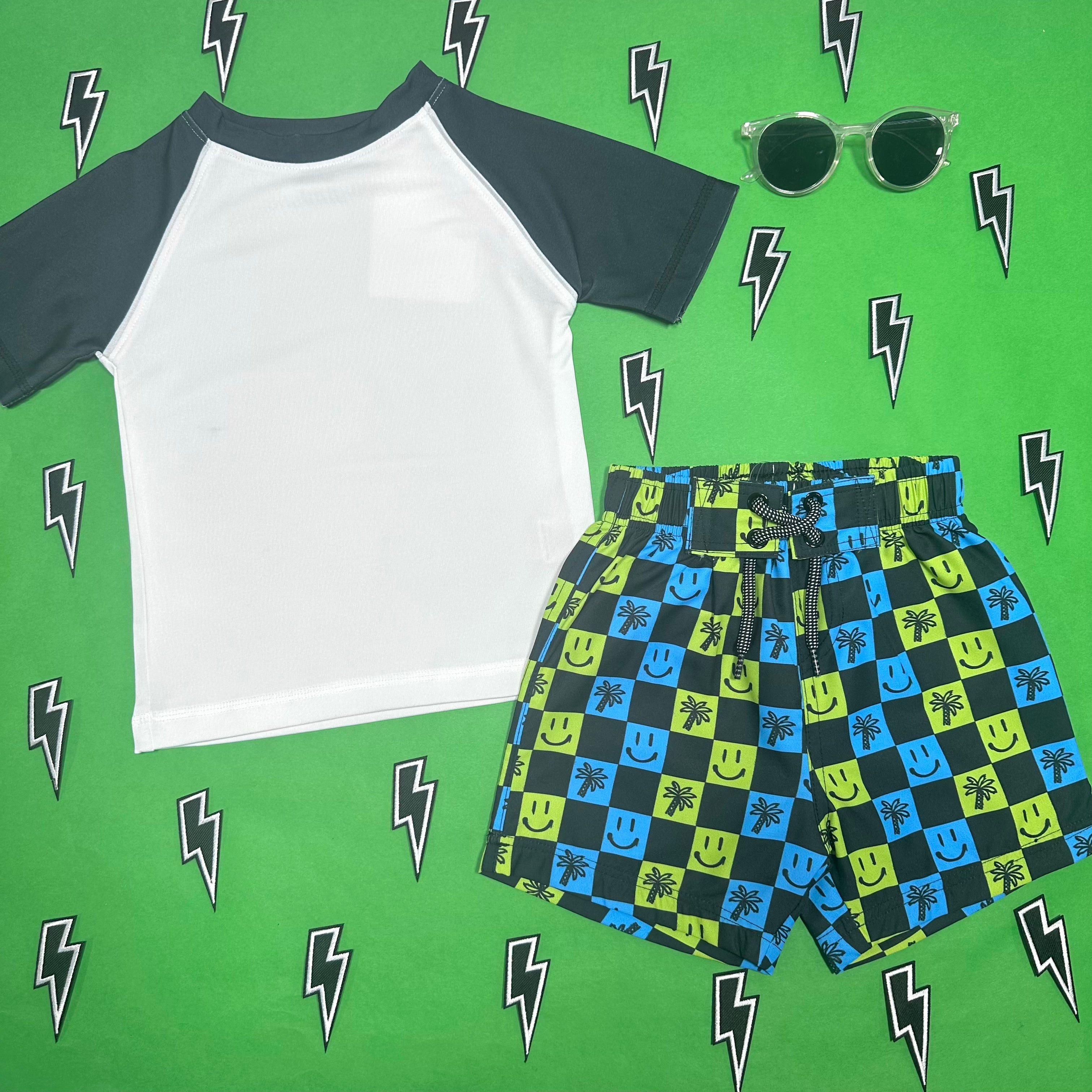 Smiley Face & Palm Trees Checkered Swim Trunks for Men - Fun Beach Shorts for Summer Vacation, Pool Party & Tropical Getaway