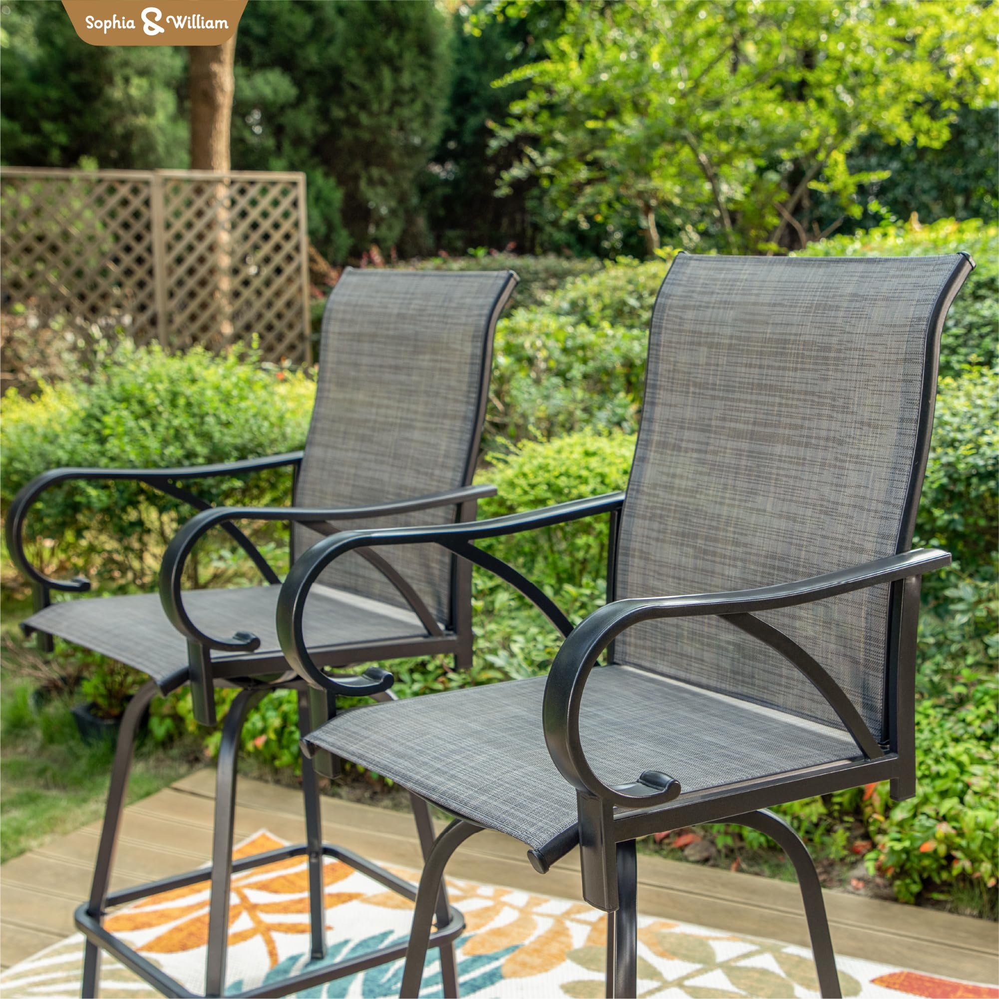 Sophia & William 4-Piece Swivel Bar Stool Set - 300 lb Capacity Grey Fabric Outdoor High Top Chairs for Patio, Deck, Backyard & Poolside Dining