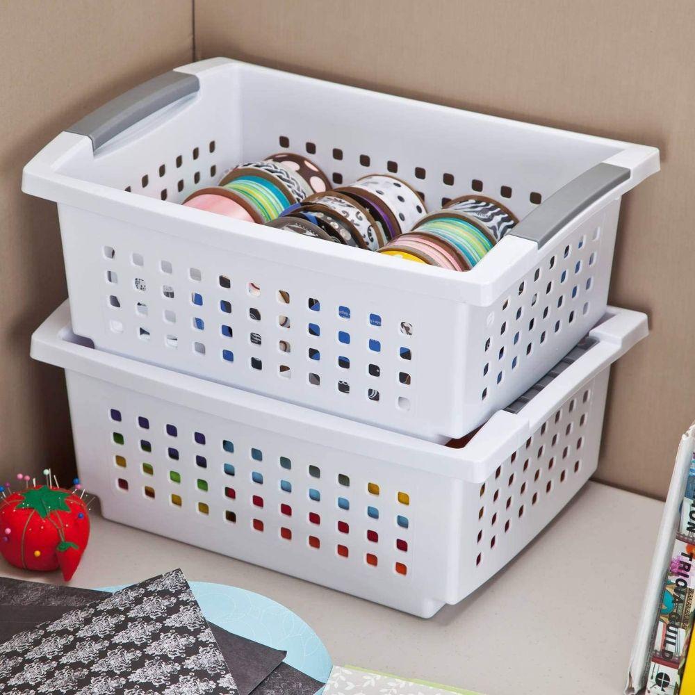 Sterilite Small Stackable Storage Basket - White | Organize Pantry, Bathroom & Closet | Space-Saving Home Storage Solution
