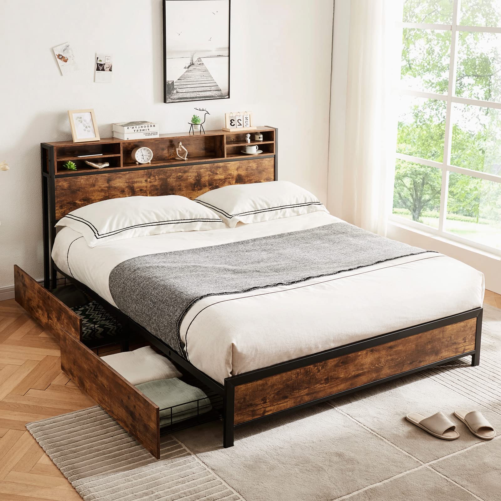 Alohappy Full Size Bed Frame with Bookcase Headboard & 4 Storage Drawers - Sturdy Metal Platform Bed with Heavy Duty Steel Slats, No Box Spring Required - Vintage Brown Mattress Foundation for Small Spaces & Guest Rooms